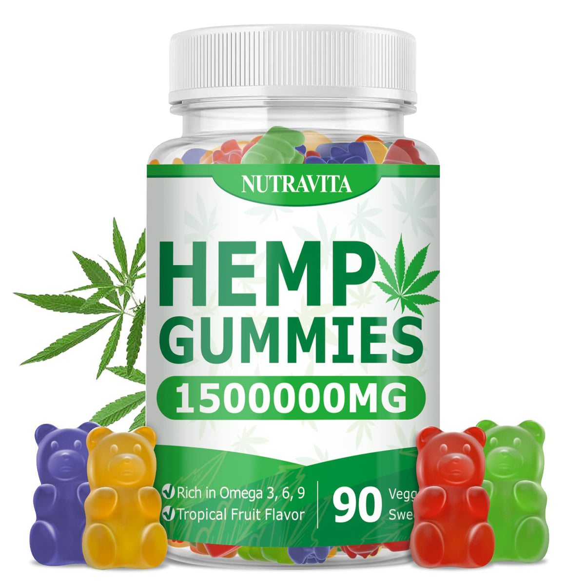Nutravita Naturals Fruit Hemp Gummies jar front for quick calm.