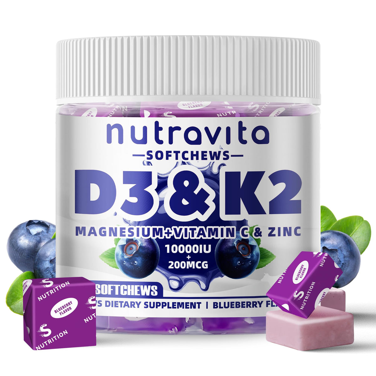 Nutravita D3 K2 gummies in blueberry bottle for daily wellness