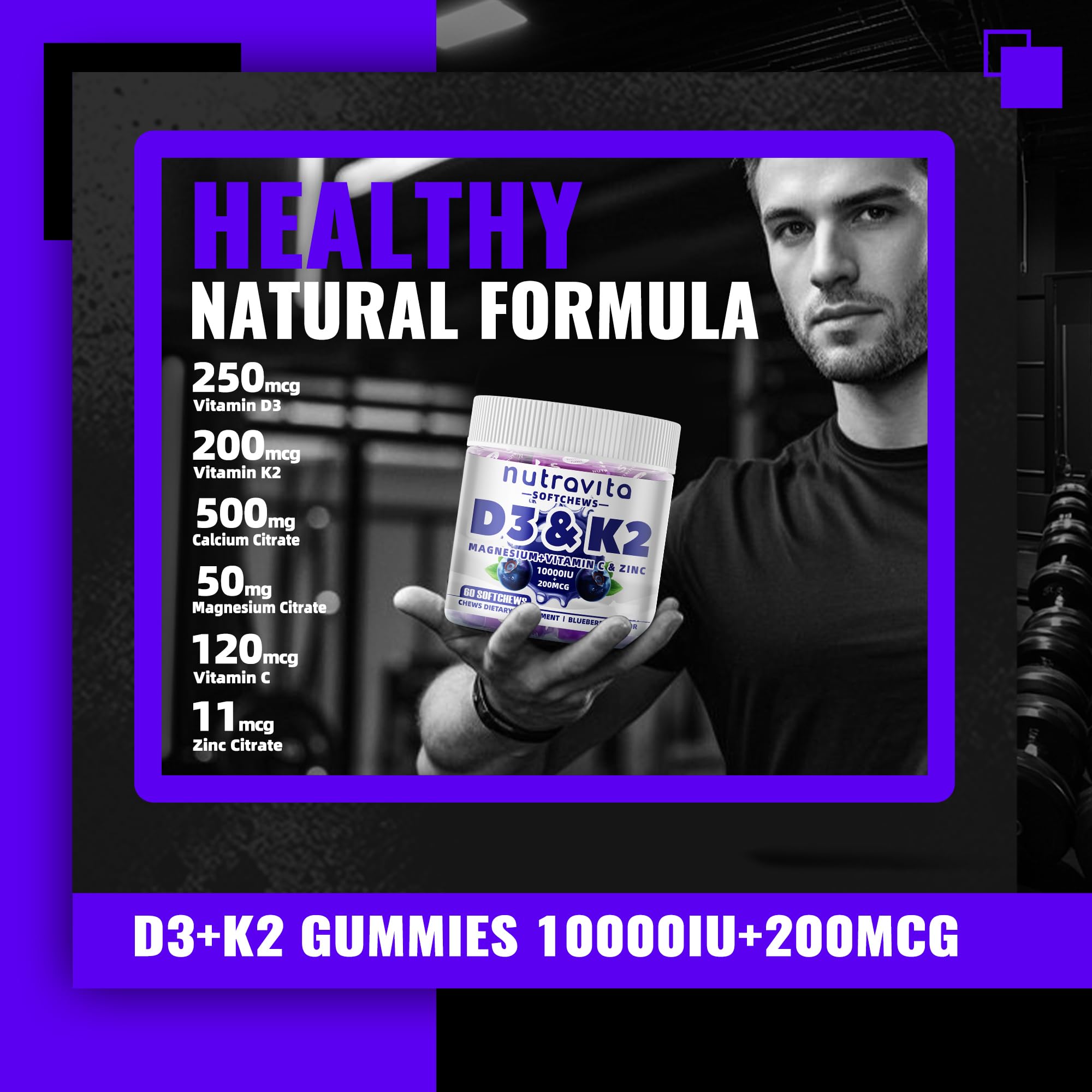 Nutravita D3 K2 gummies close-up in blueberry flavor