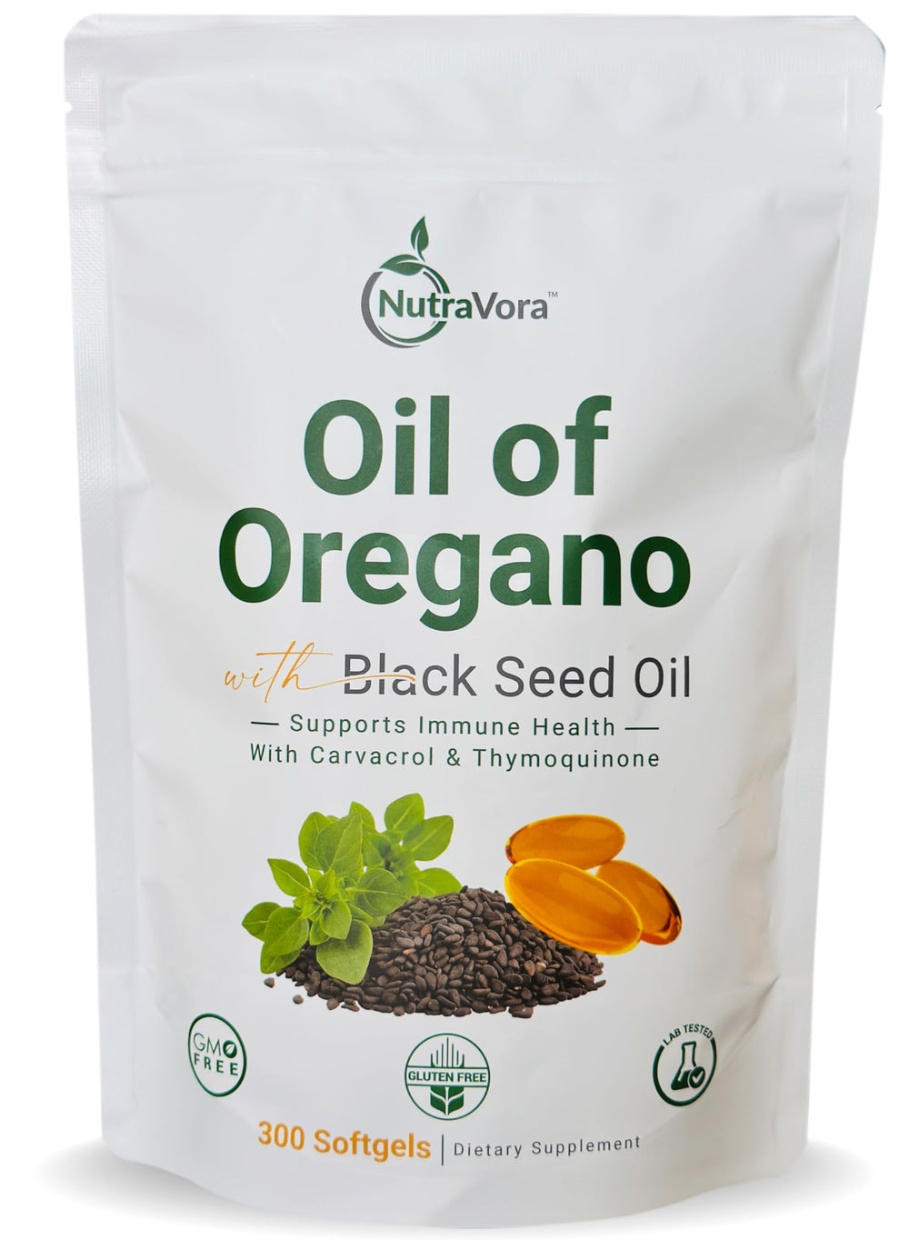 NutraVora softgels pouring from bottle for convenient daily use.