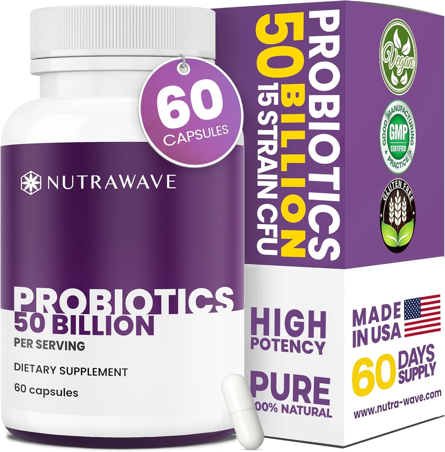 Nutrawave 50-billion probiotics bottle promotes gut health for daily use.