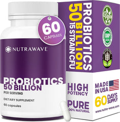 Nutrawave 50-billion probiotics bottle promotes gut health for daily use.
