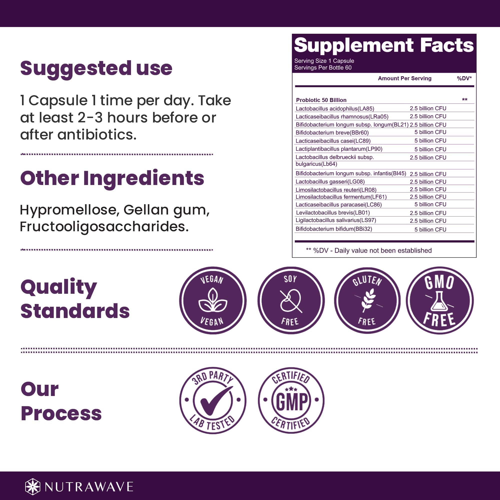 Nutrawave probiotic capsules close-up highlighting easy to swallow capsules for digestion.