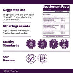 Nutrawave probiotic capsules close-up highlighting easy to swallow capsules for digestion.