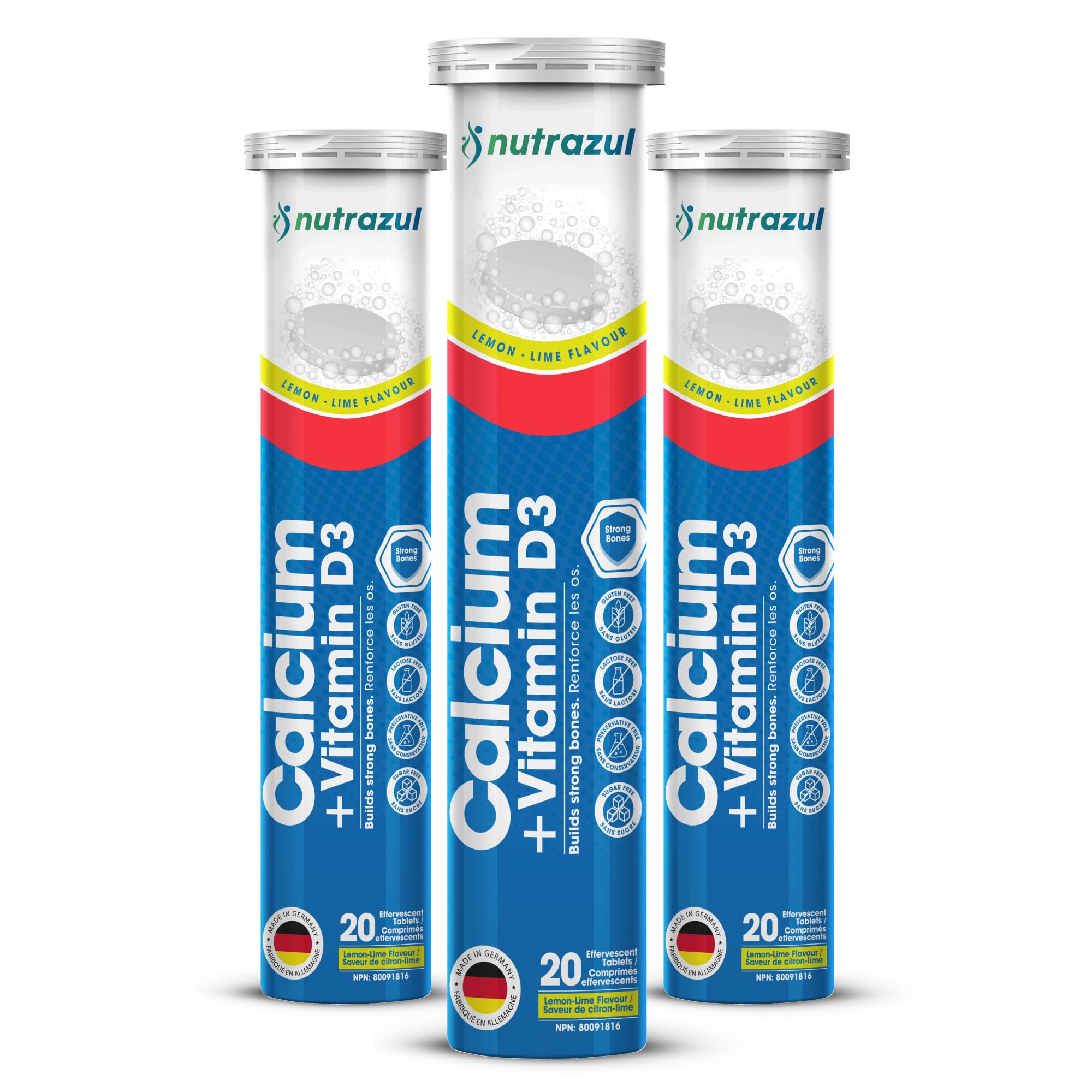 Nutrazul Calcium and Vitamin D3 effervescent tablet in lemon-lime bottle supports easy daily use.