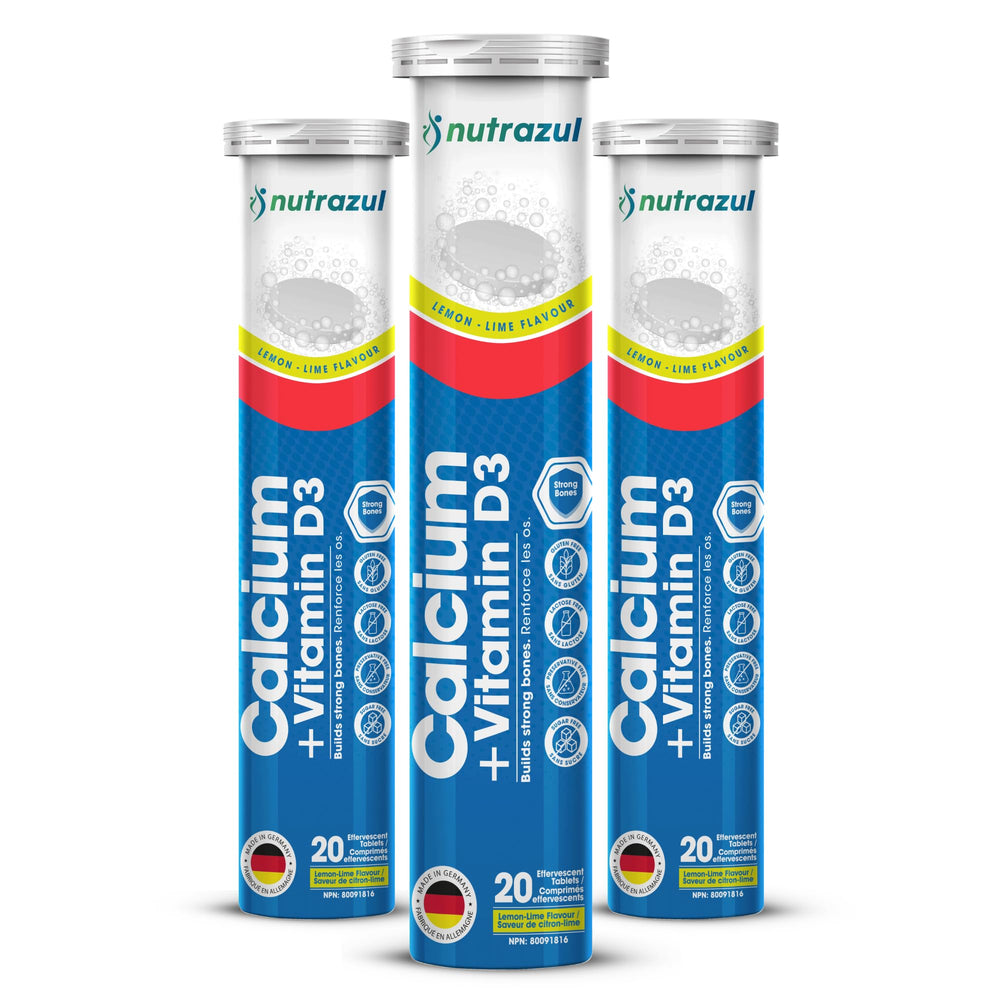 Nutrazul Calcium and Vitamin D3 effervescent tablet in lemon-lime bottle supports easy daily use.