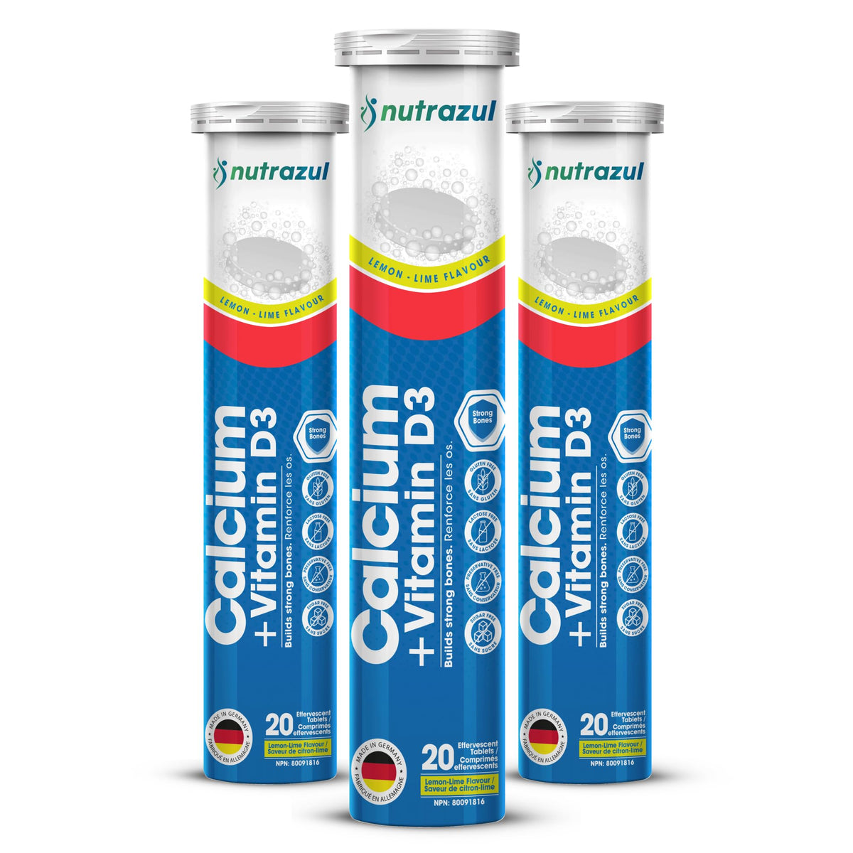 Nutrazul Calcium and Vitamin D3 effervescent tablet in lemon-lime bottle supports easy daily use.