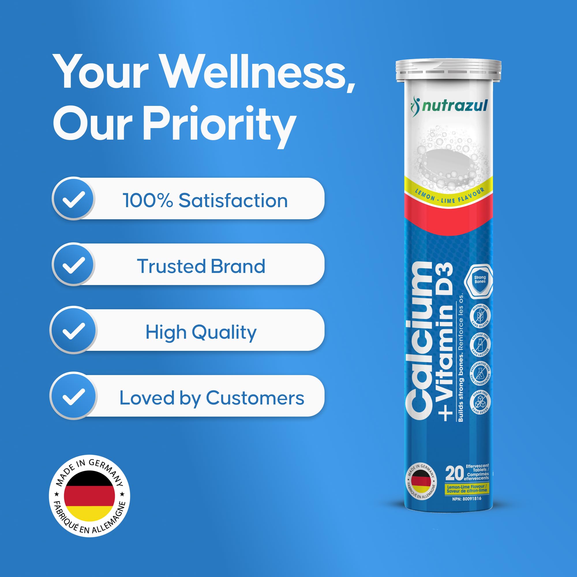 Nutrazul daily routine scene pairs the effervescent tablet with water.