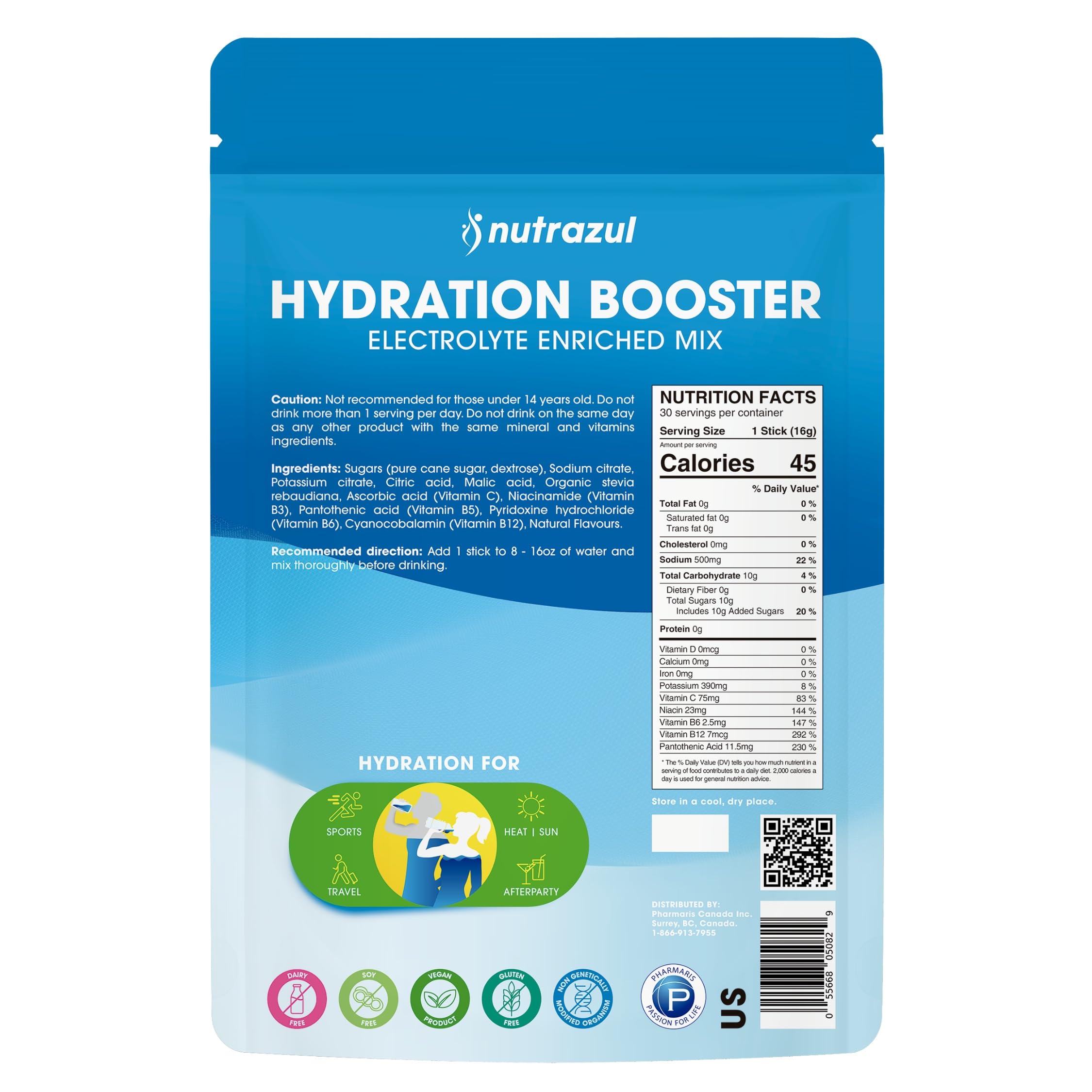 Nutrazul Hydration Booster on-the-go sachet in pocket for hydration.