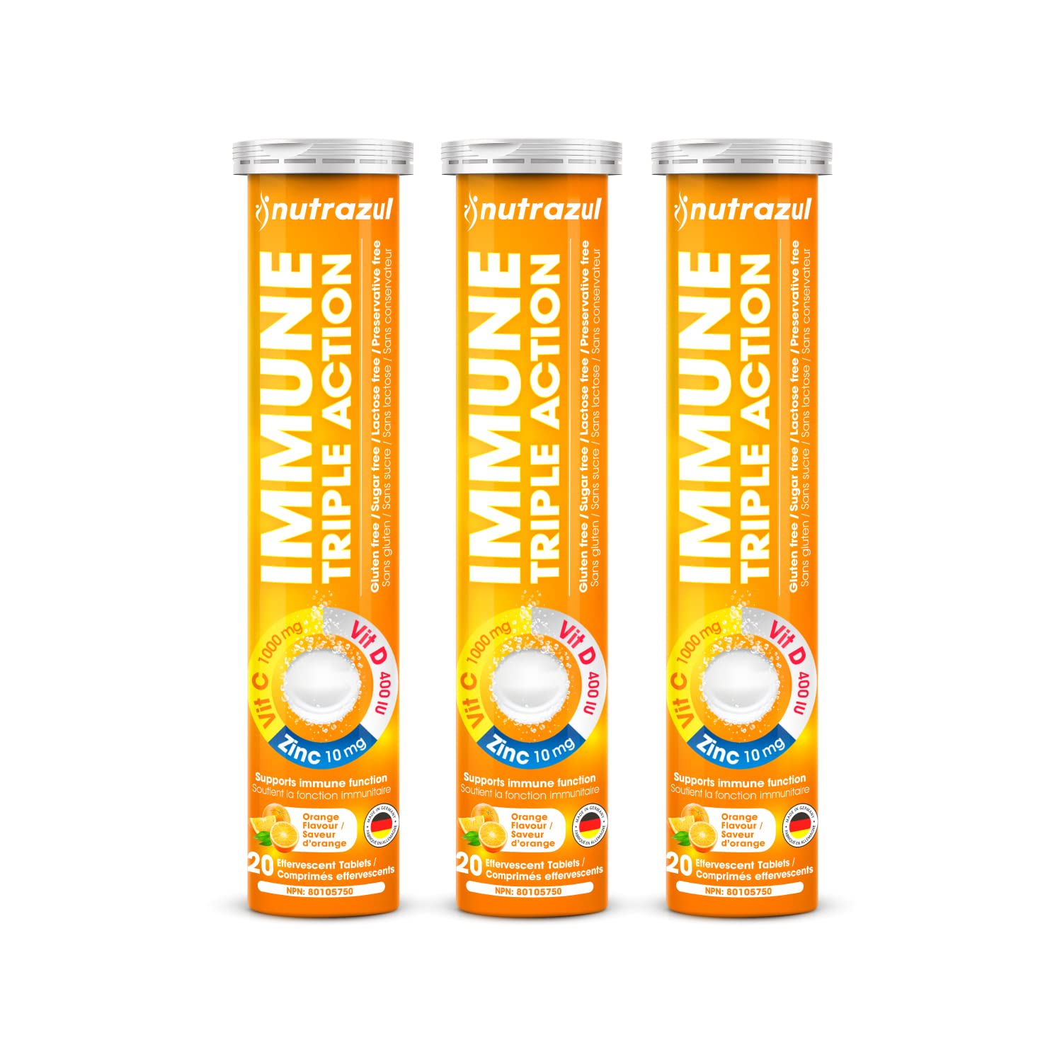 Nutrazul Immune Triple Action orange effervescent tablet dissolving in water for easy daily hydration