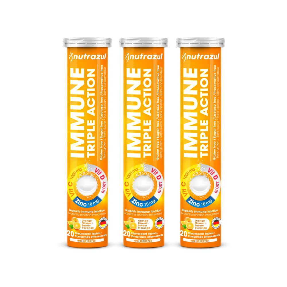 Nutrazul Immune Triple Action orange effervescent tablet dissolving in water for easy daily hydration