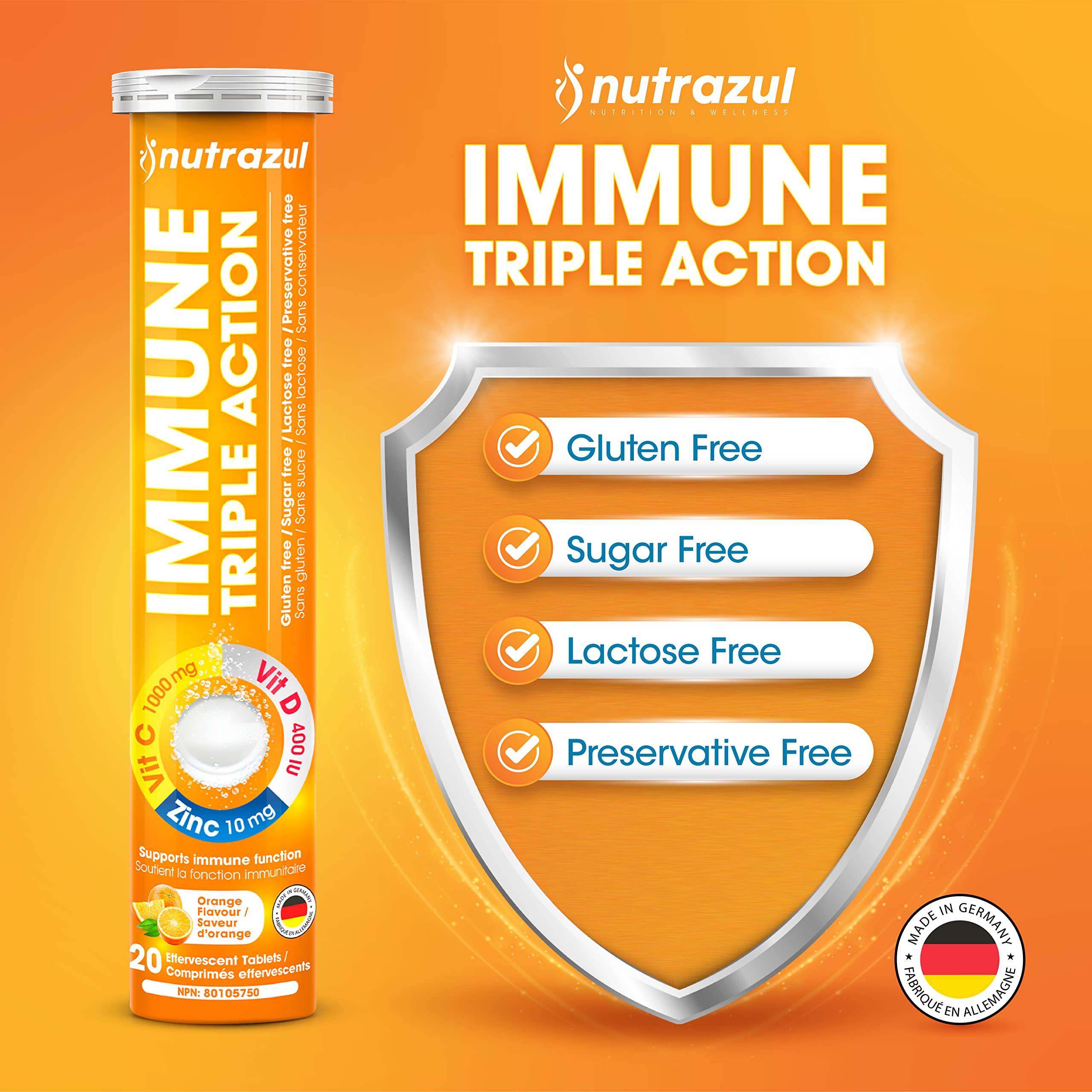 Nutrazul Immune Triple Action packaging displaying vegan, gluten-free, and sugar-free labels