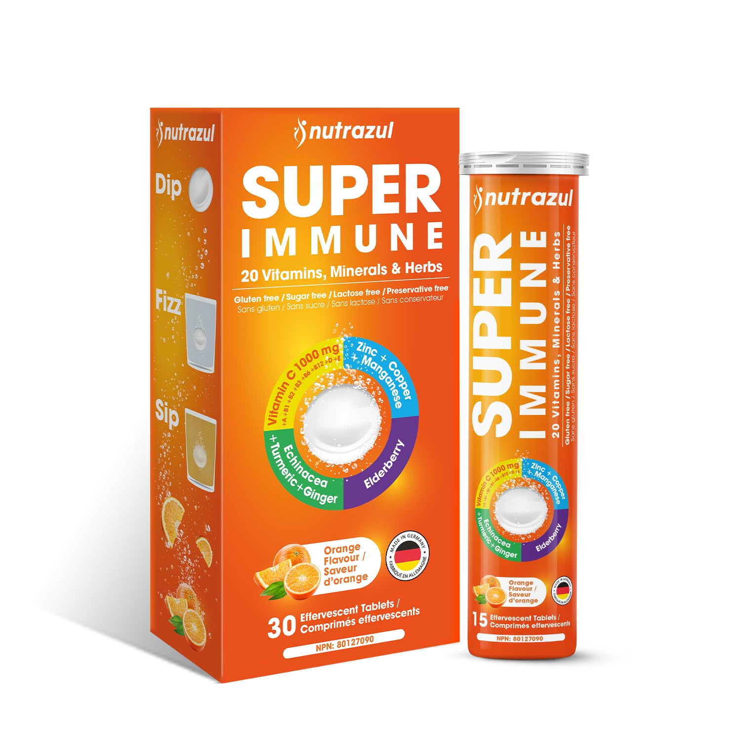 Nutrazul Super Immune orange tablet dissolving in water for easy daily support.