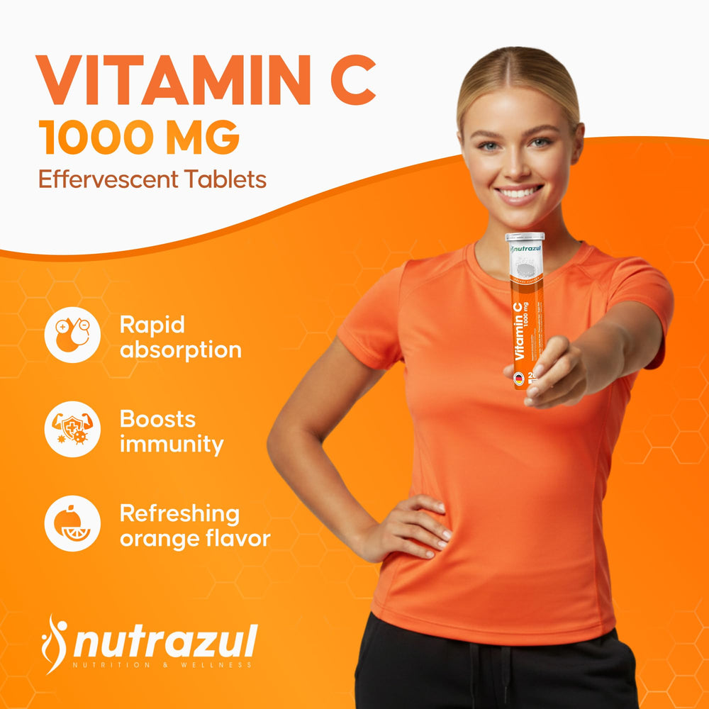 Tablets dissolving in water reveal a refreshing orange drink by Nutrazul
