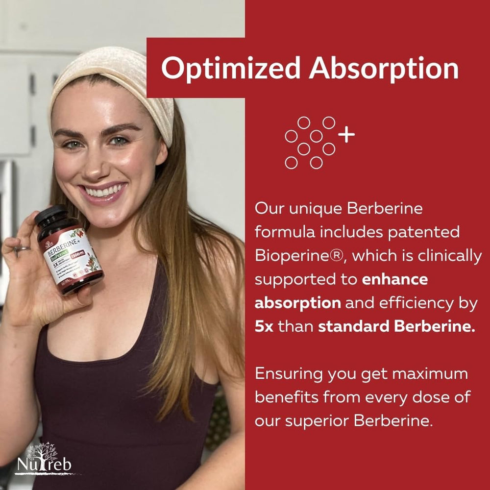 Nutreb Berberine bottle with BioPerine shows enhanced absorption potential.