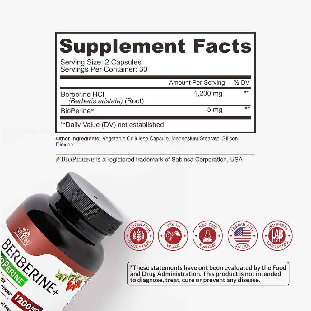 Nutreb Berberine vegan capsules pack emphasizes non-GMO, dairy-free ingredients.