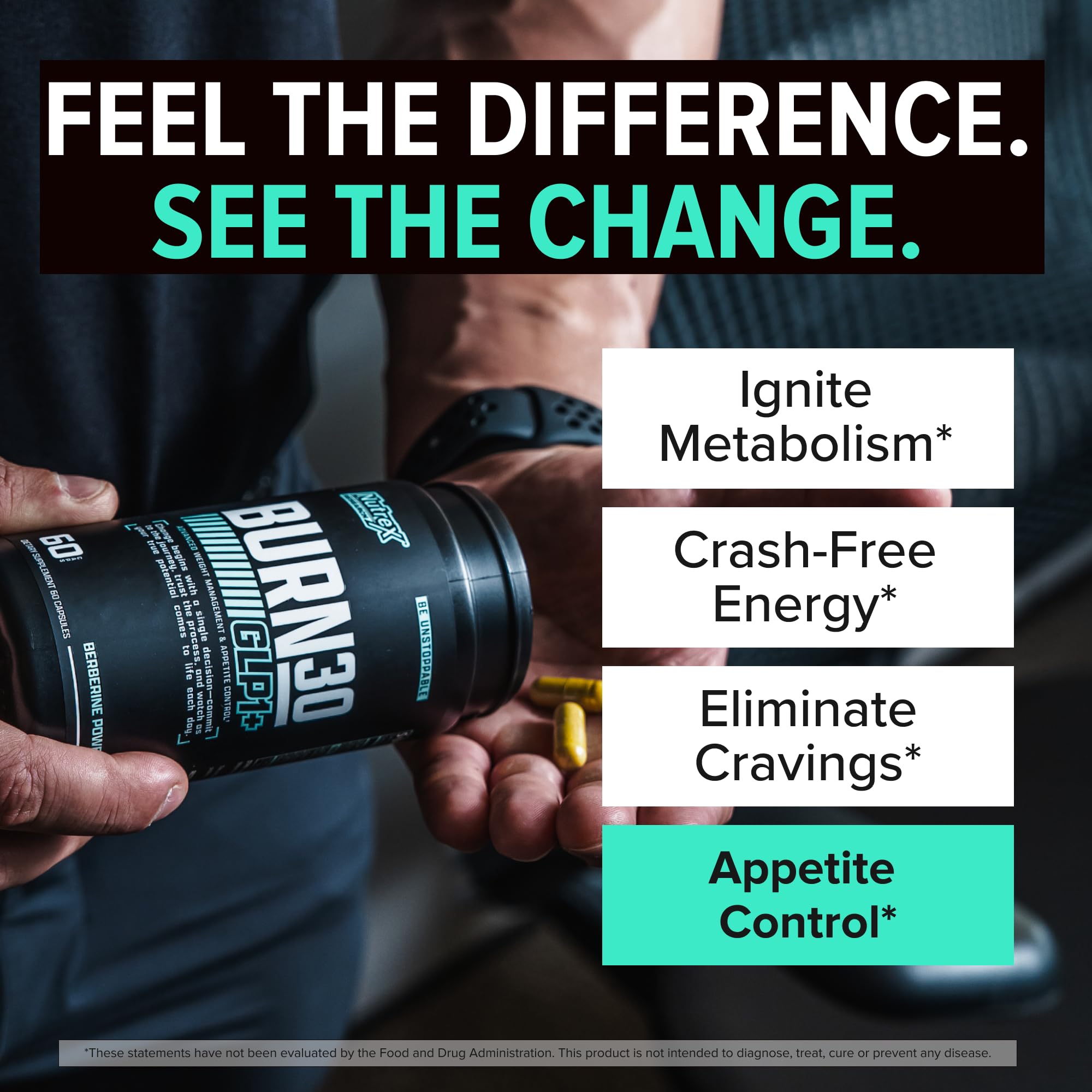 Nutrex Burn30 bottle back details metabolism and energy support features.