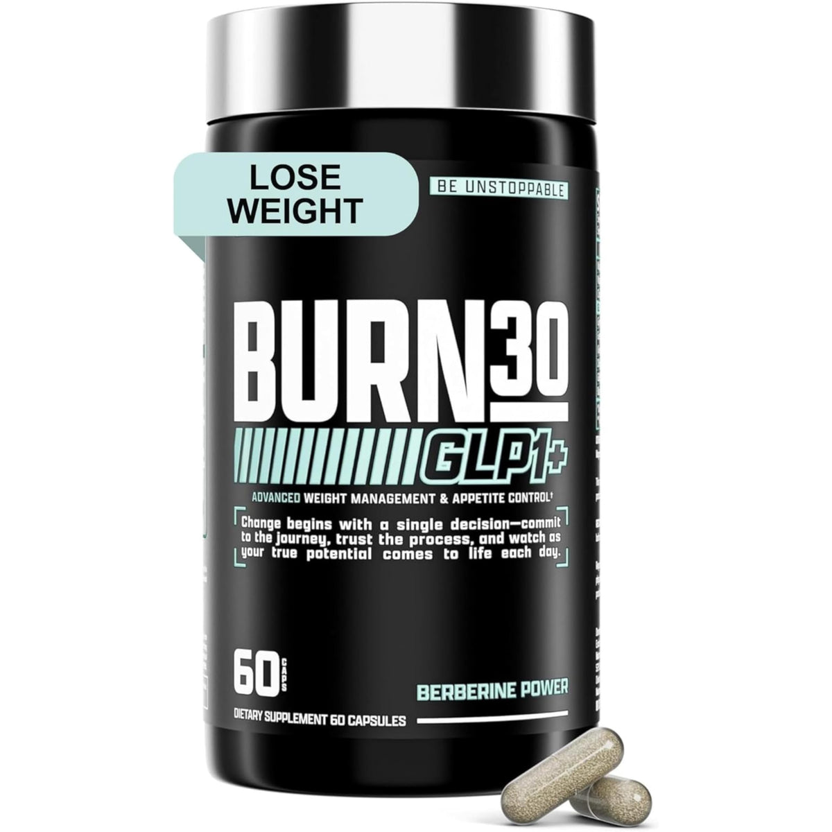 Nutrex Burn30 bottle front shows stimulant-free GLP-1 formula for appetite control.