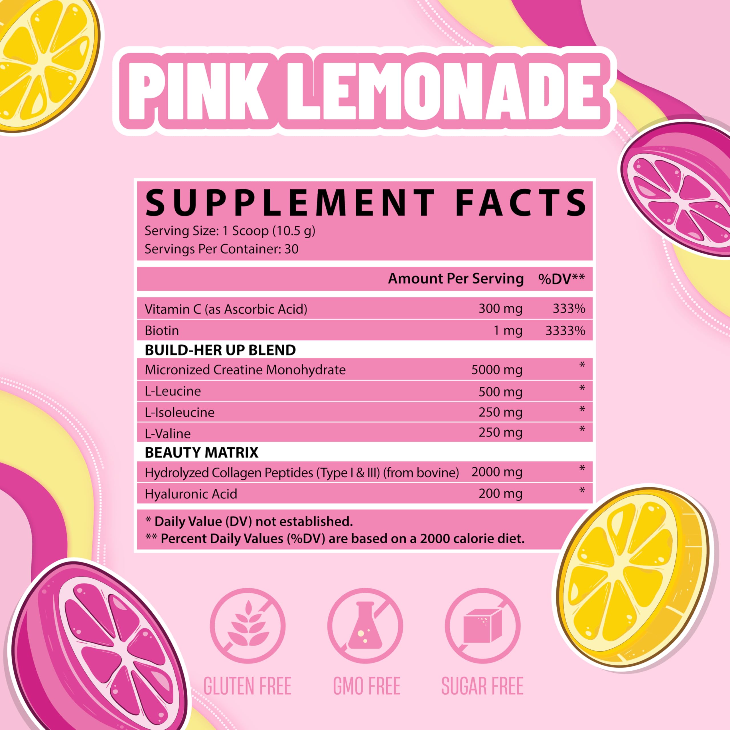 Nutrex Creatine Women Pink Lemonade ingredients—collagen and BCAAs blend.