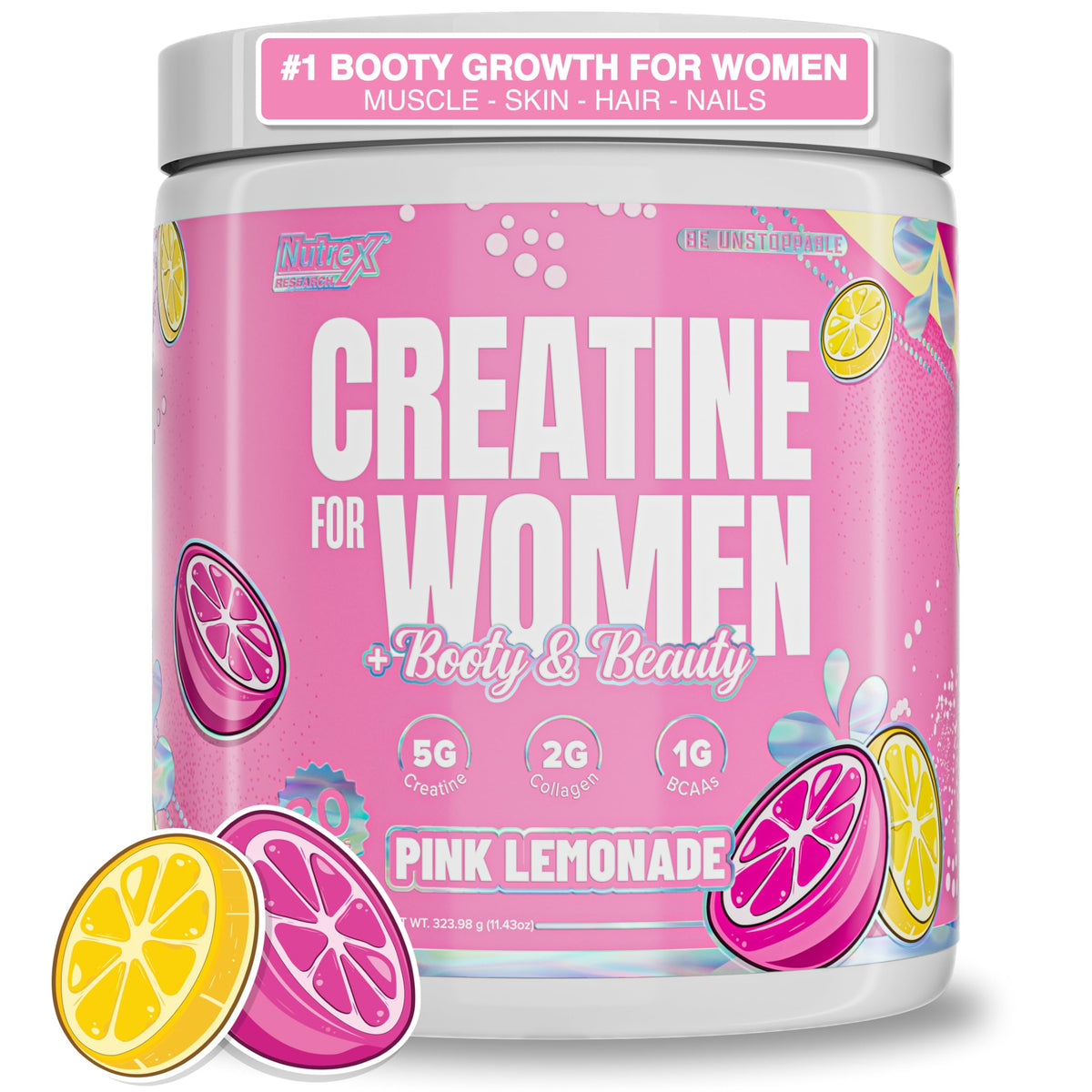 Nutrex Research Creatine for Women Pink Lemonade tub front—supports daily strength and recovery.