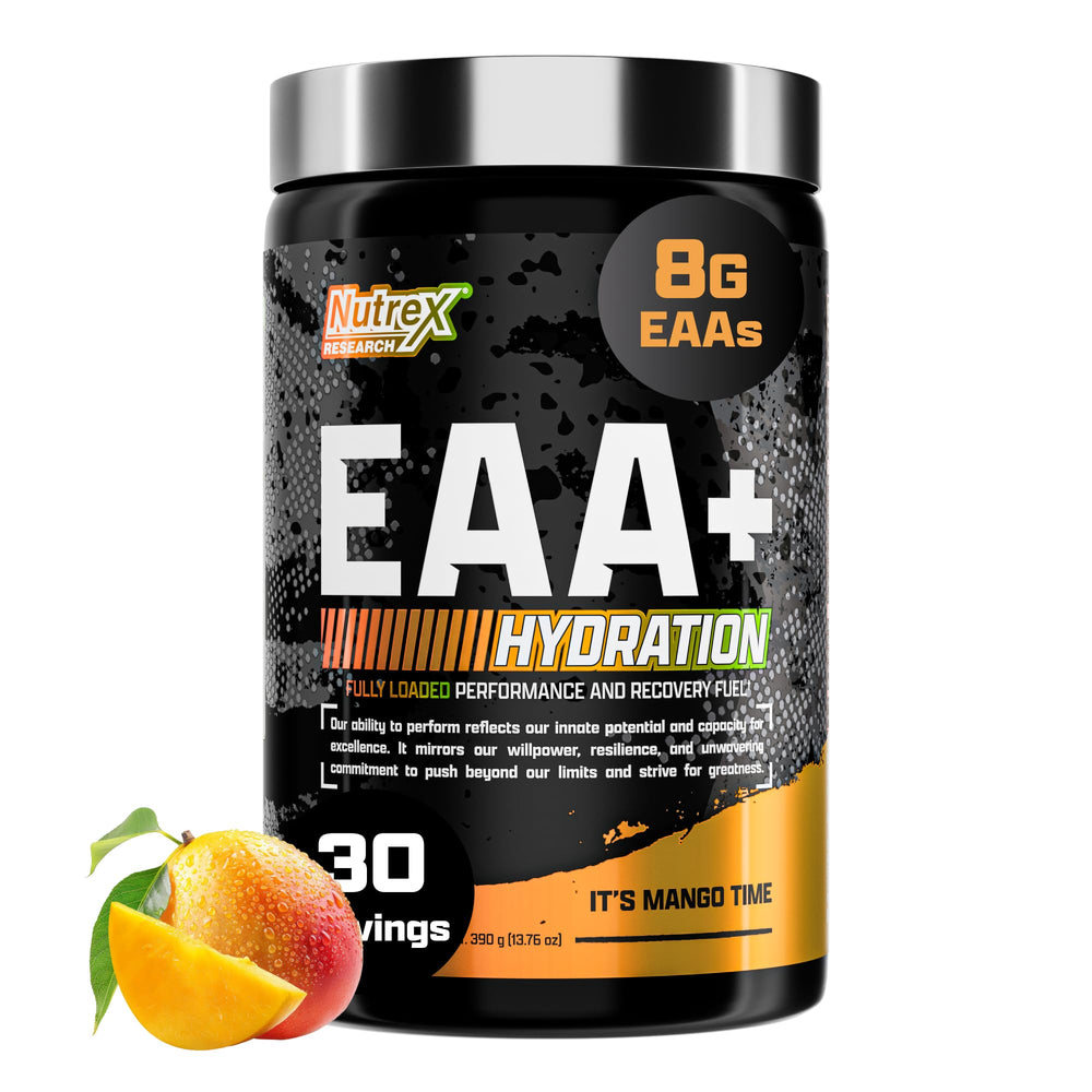 Nutrex EAA Hydration mango powder jar displaying complete amino blend for workouts