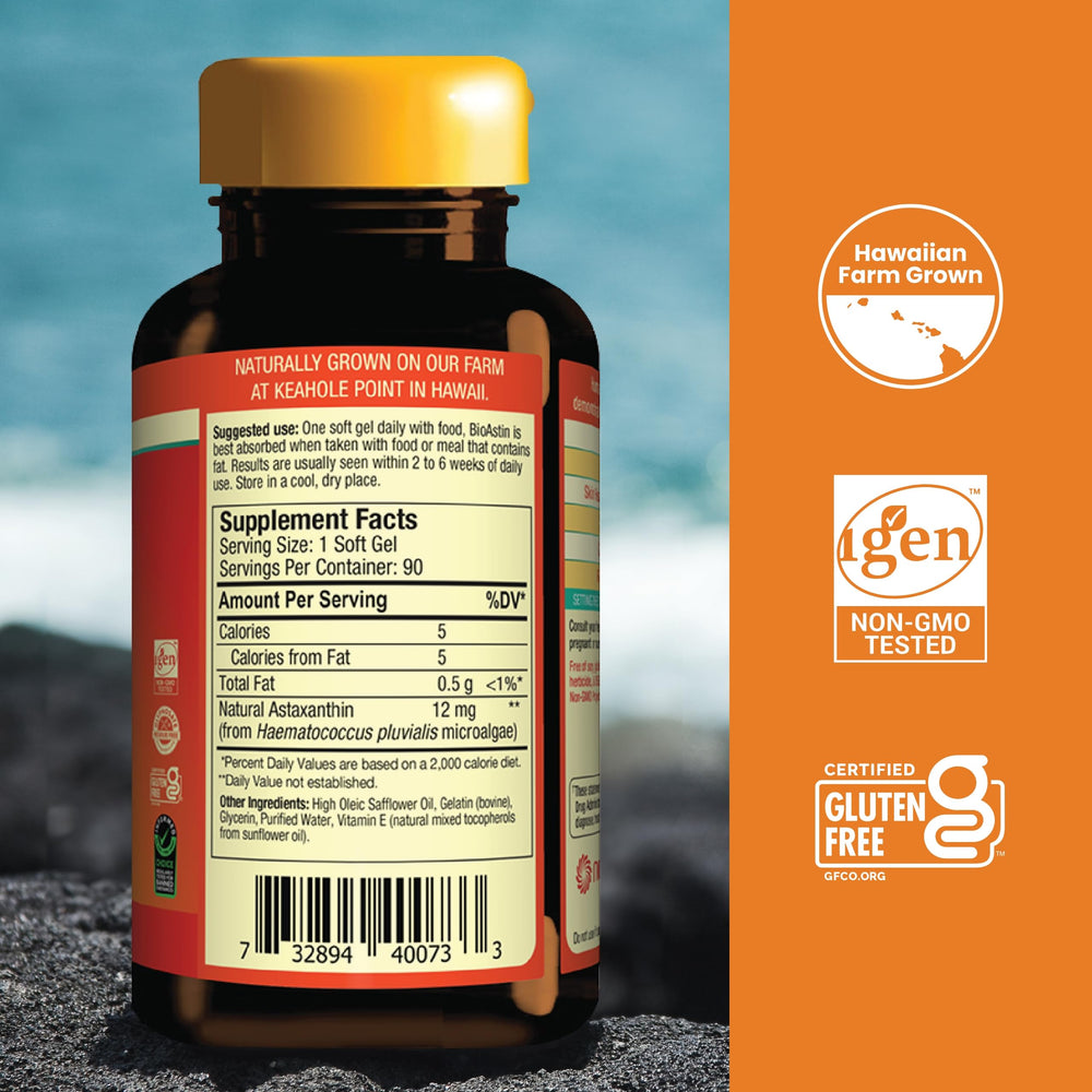 Nutrex Hawaii BioAstin 12mg softgels bottle front highlighting key benefits for eyes and skin.