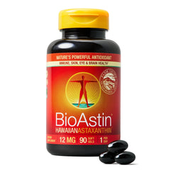 Nutrex Hawaii BioAstin 12mg softgels label closeup showing antioxidant support for daily wellness.