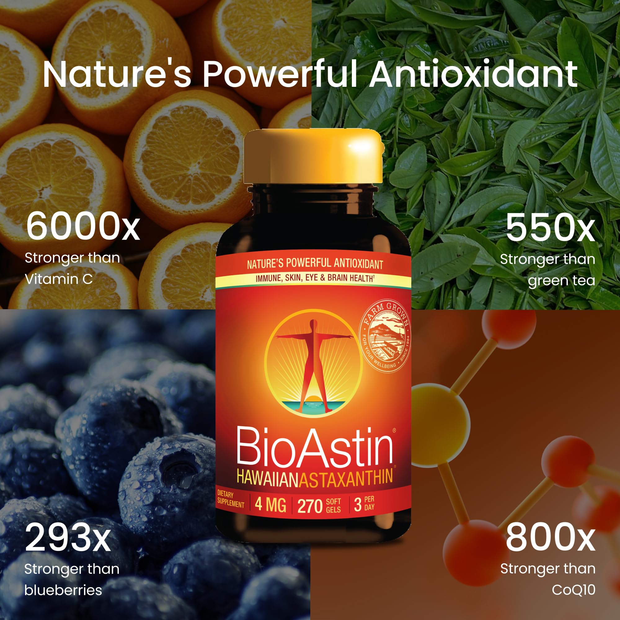 BioAstin bottle pour showing easy daily dosage for an antioxidant routine