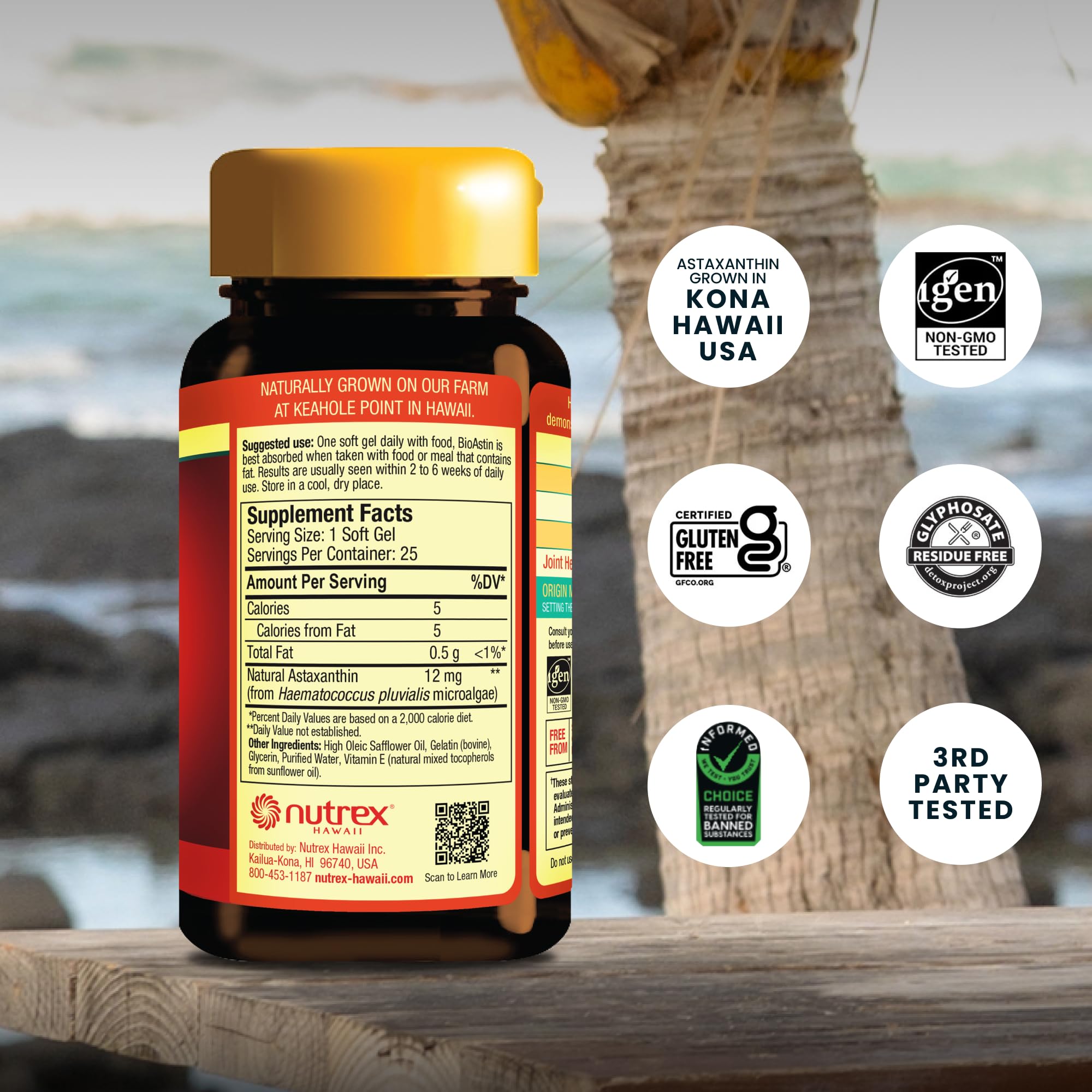 Etiqueta frontal de BioAstin de Nutrex Hawaii con información esencial.