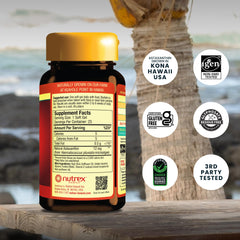 Etiqueta frontal de BioAstin de Nutrex Hawaii con información esencial.