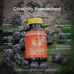 BioAstin label close-up noting Non-GMO, gluten-free, and USA-made credentials