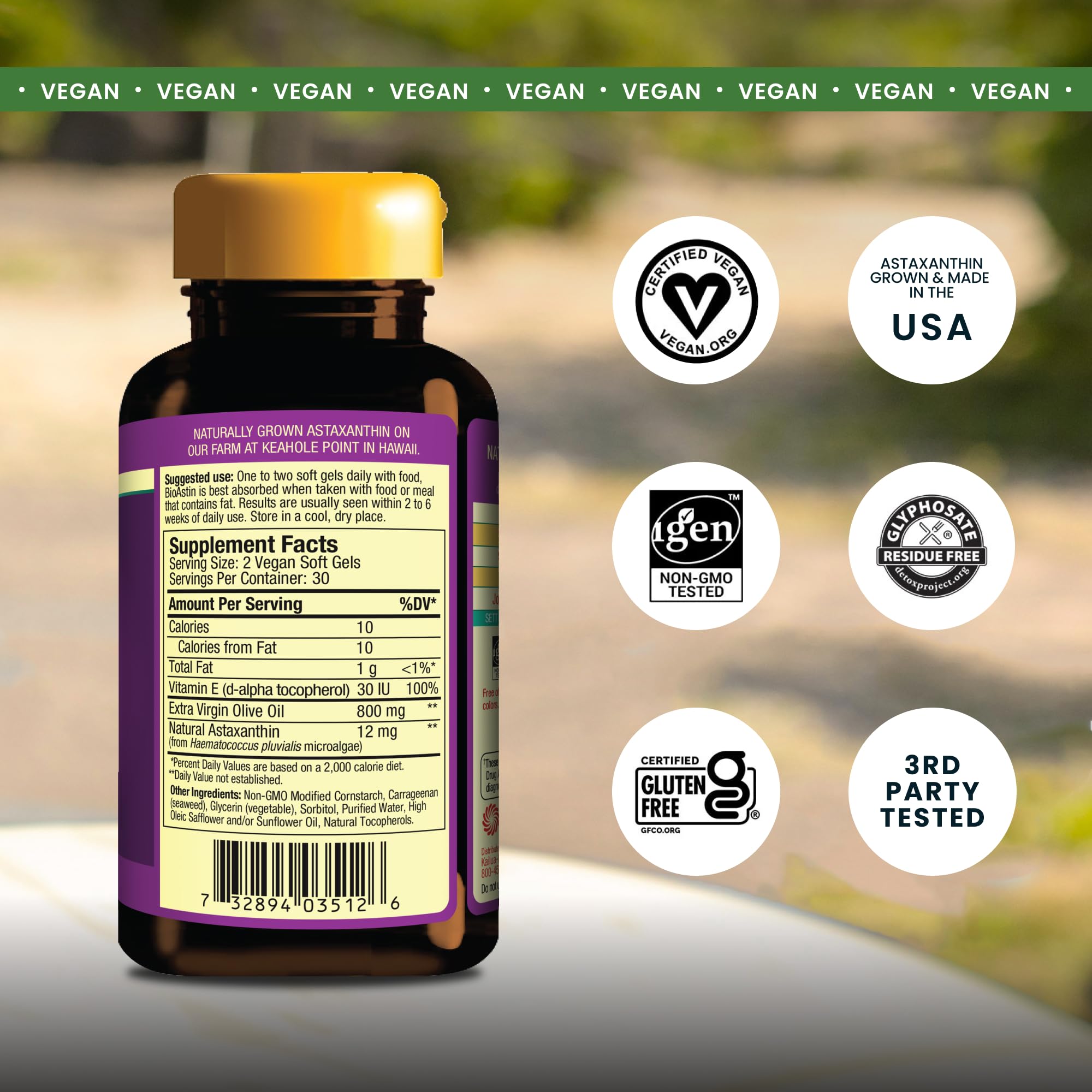 Close-up of BioAstin vegan softgel texture showing Nutrex Hawaii improved absorption