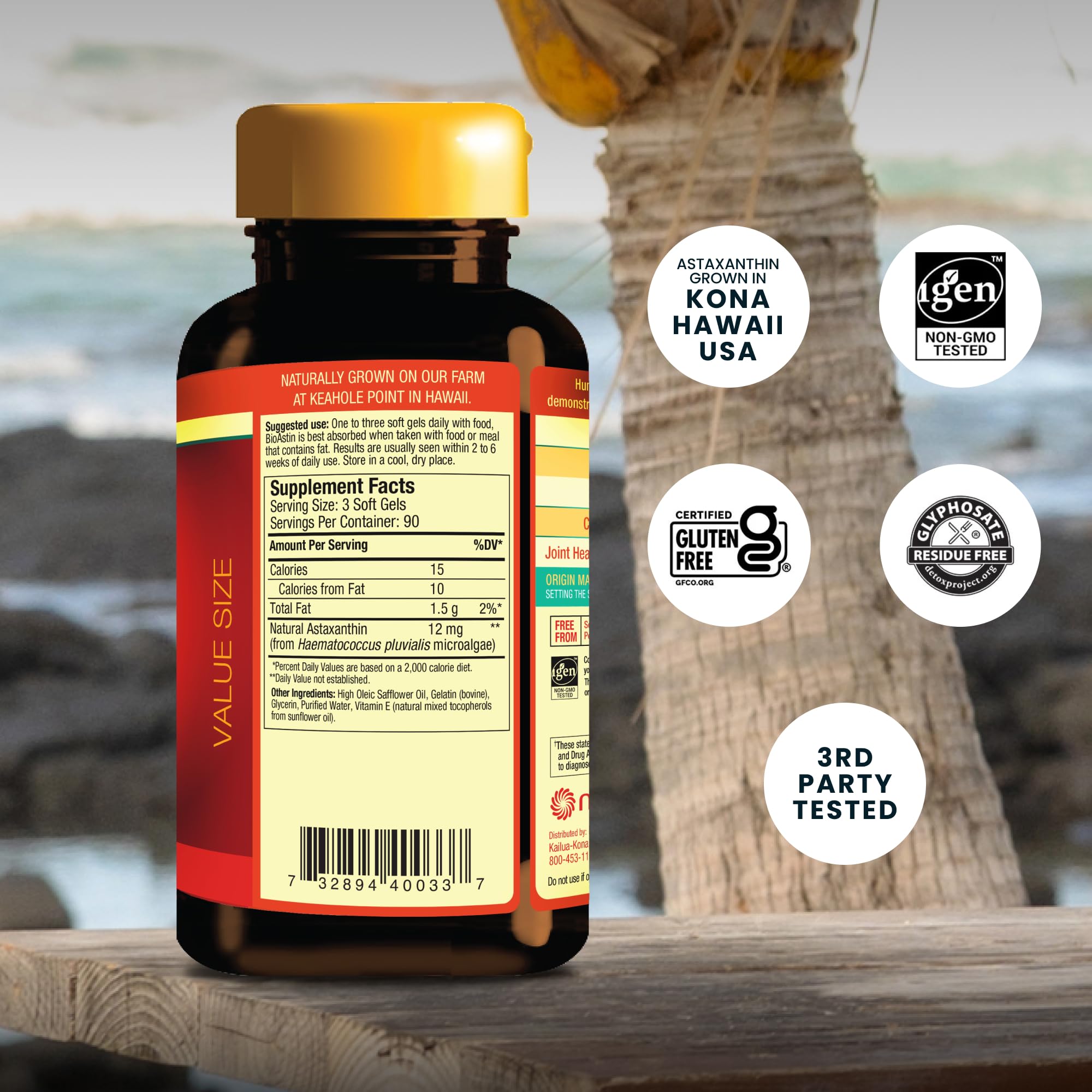 BioAstin softgels close-up highlighting natural Hawaiian astaxanthin source and potency