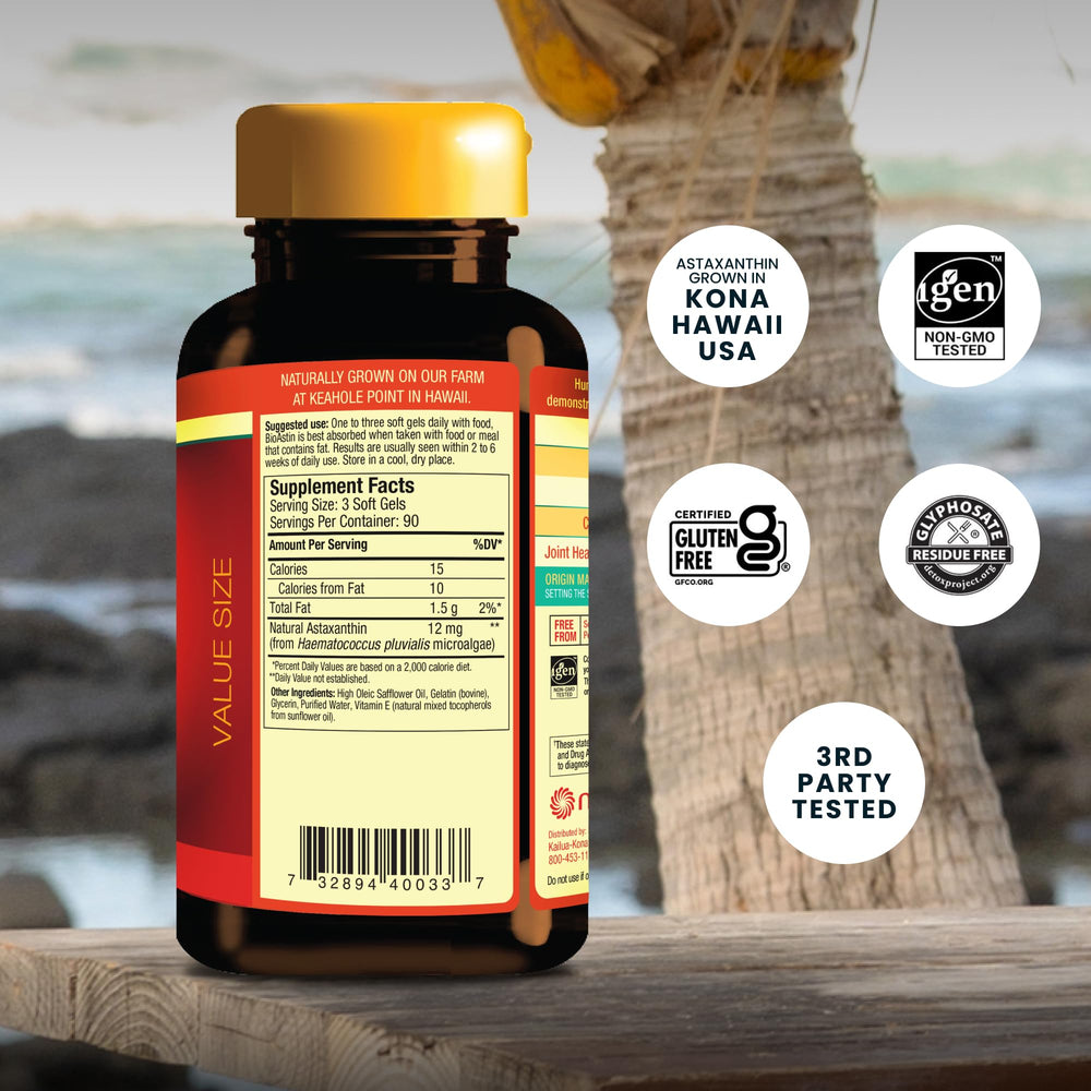 BioAstin softgels close-up highlighting natural Hawaiian astaxanthin source and potency