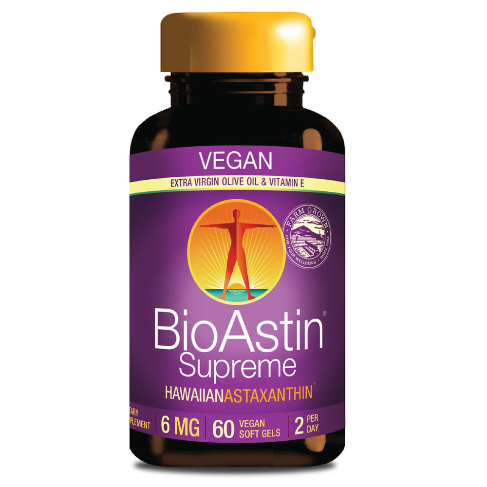 Nutrex Hawaii BioAstin Supreme bottle front view highlighting antioxidant support for skin and eyes