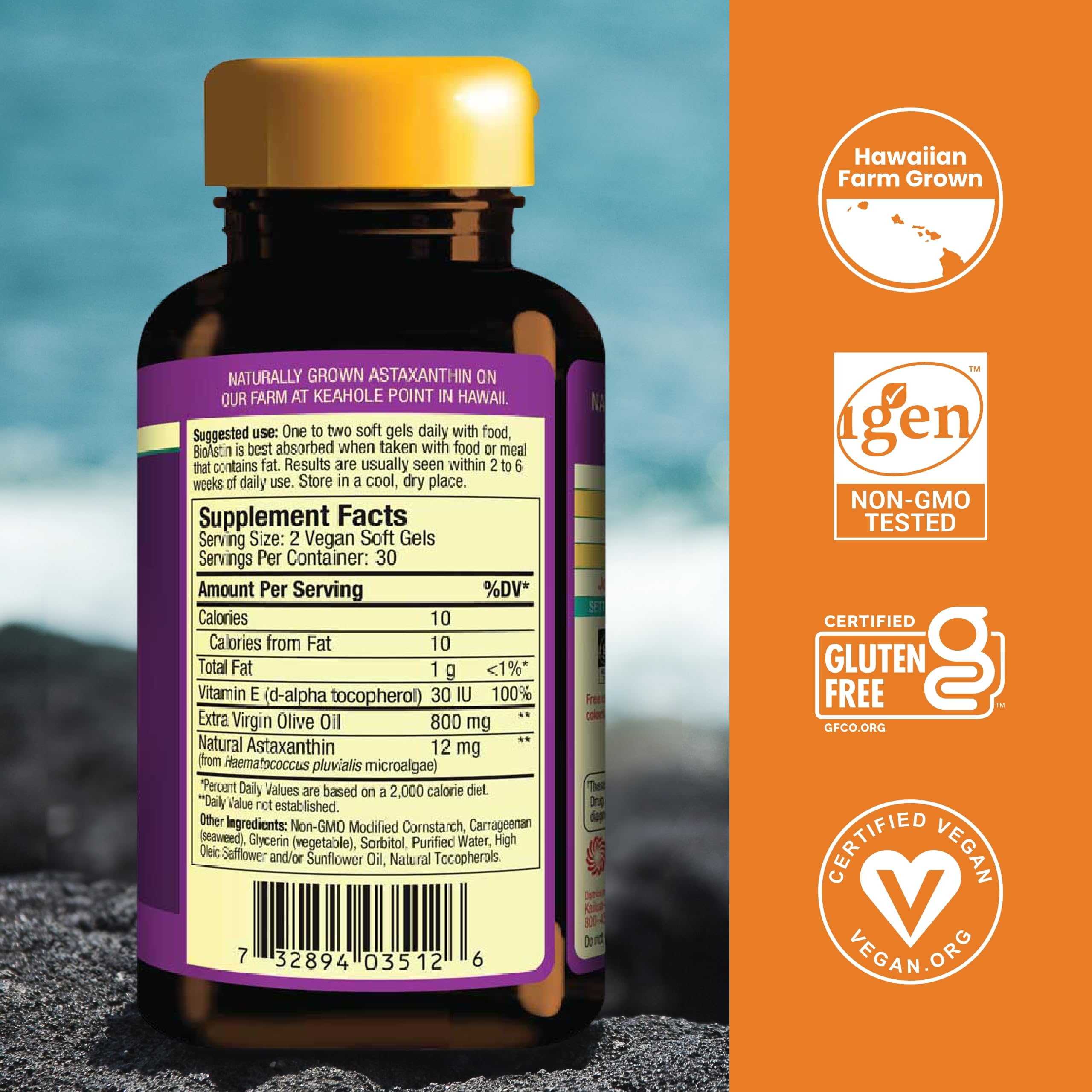Close-up of BioAstin Supreme softgels with vibrant orange color