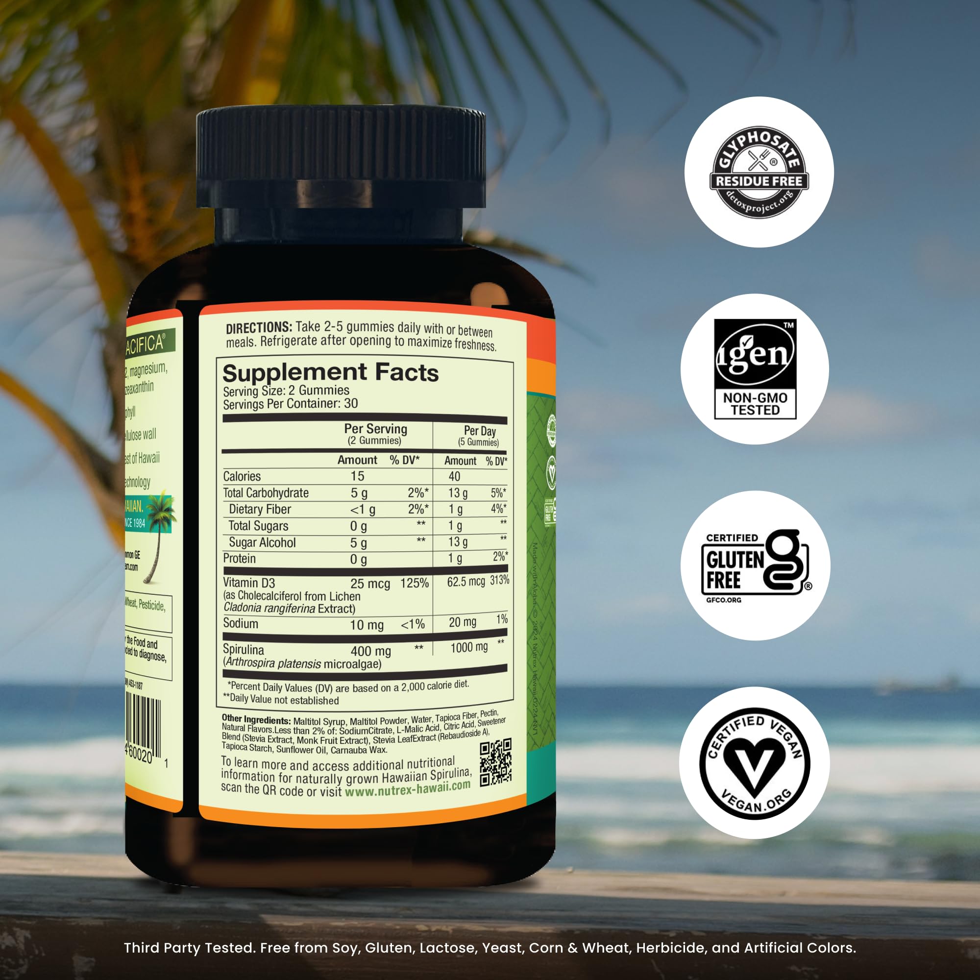 Nutrex Hawaii Spirulina Gummies ingredients panel highlights plant-based protein.