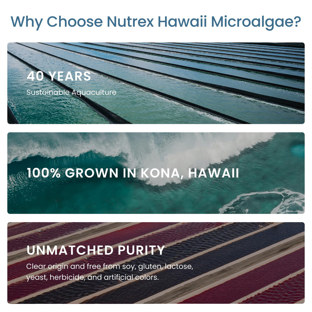 Nutrex Hawaii Spirulina Gummies Kona farm backdrop emphasizes U.S.-grown origin.