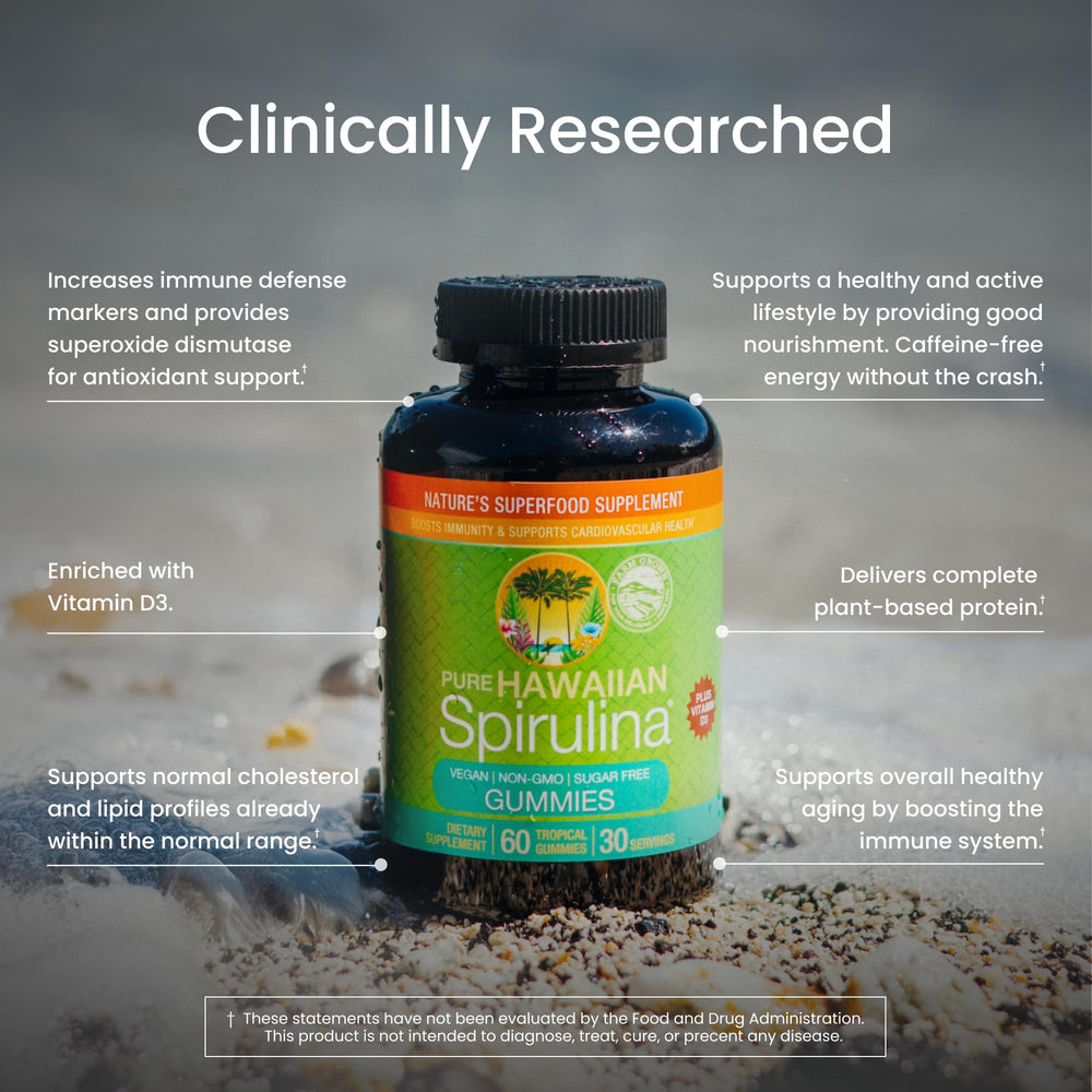 Nutrex Hawaii Spirulina Gummies vegan badge on packaging signals plant-based quality.