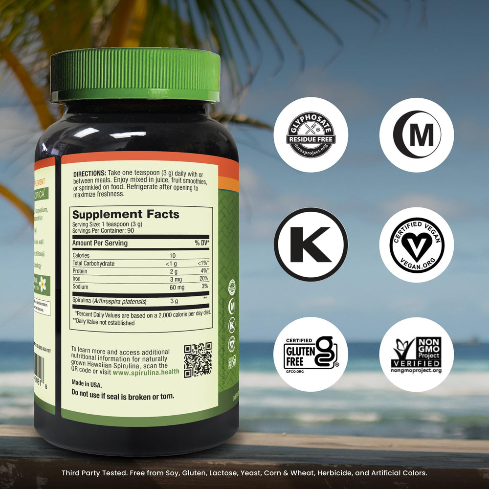 Nutrex Hawaii spirulina powder jar shows Hawaiian origin and non-GMO quality.