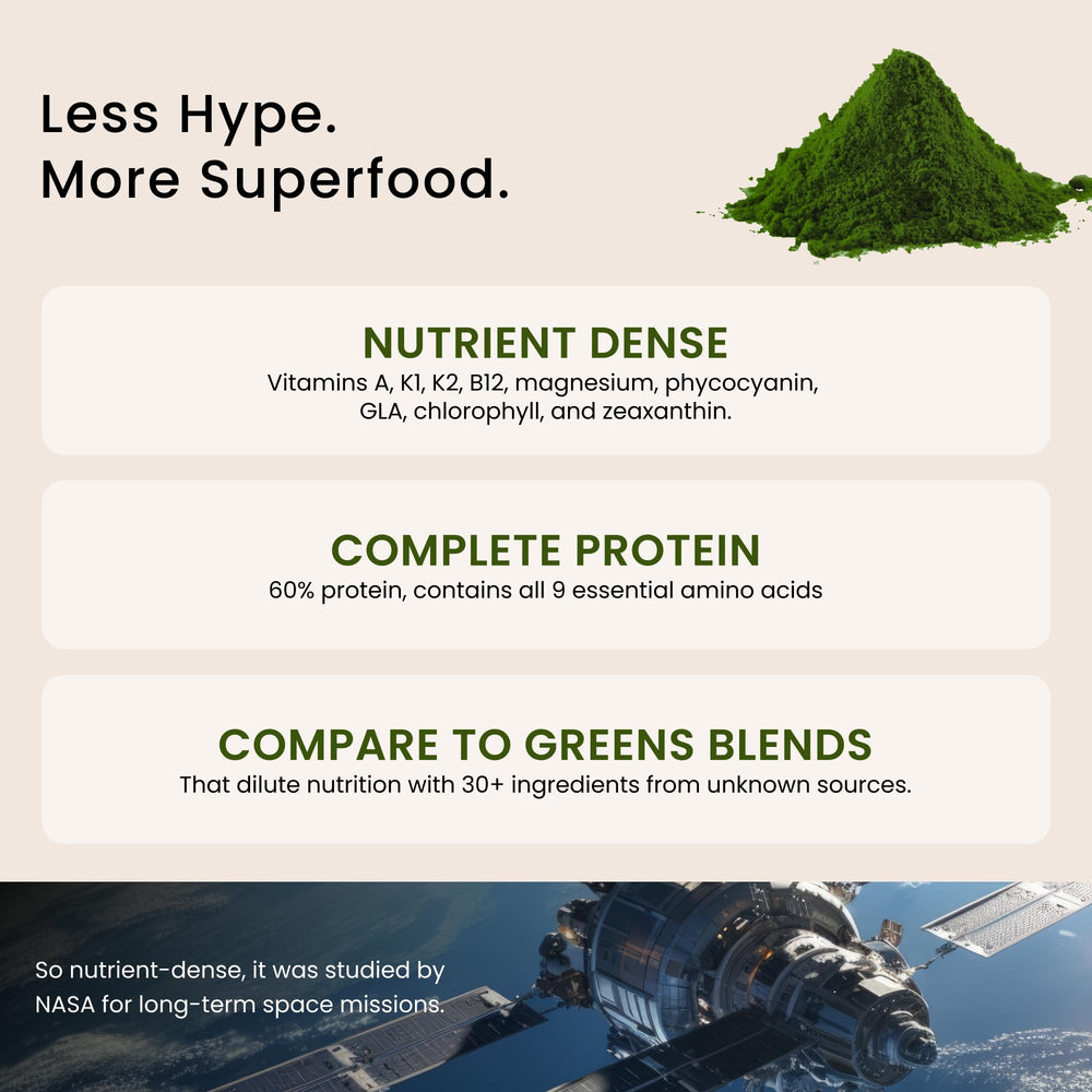 Nutrex Hawaii Spirulina powder close-up of label showing non-GMO and farm-grown quality