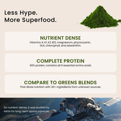 Nutrex Hawaii Spirulina powder close-up of label showing non-GMO and farm-grown quality