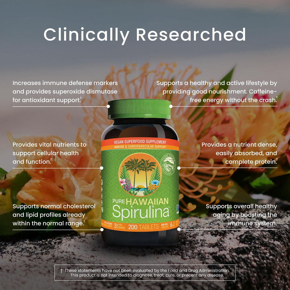 Nutrex Hawaii spirulina packaging highlighting non-GMO and clean sourcing.