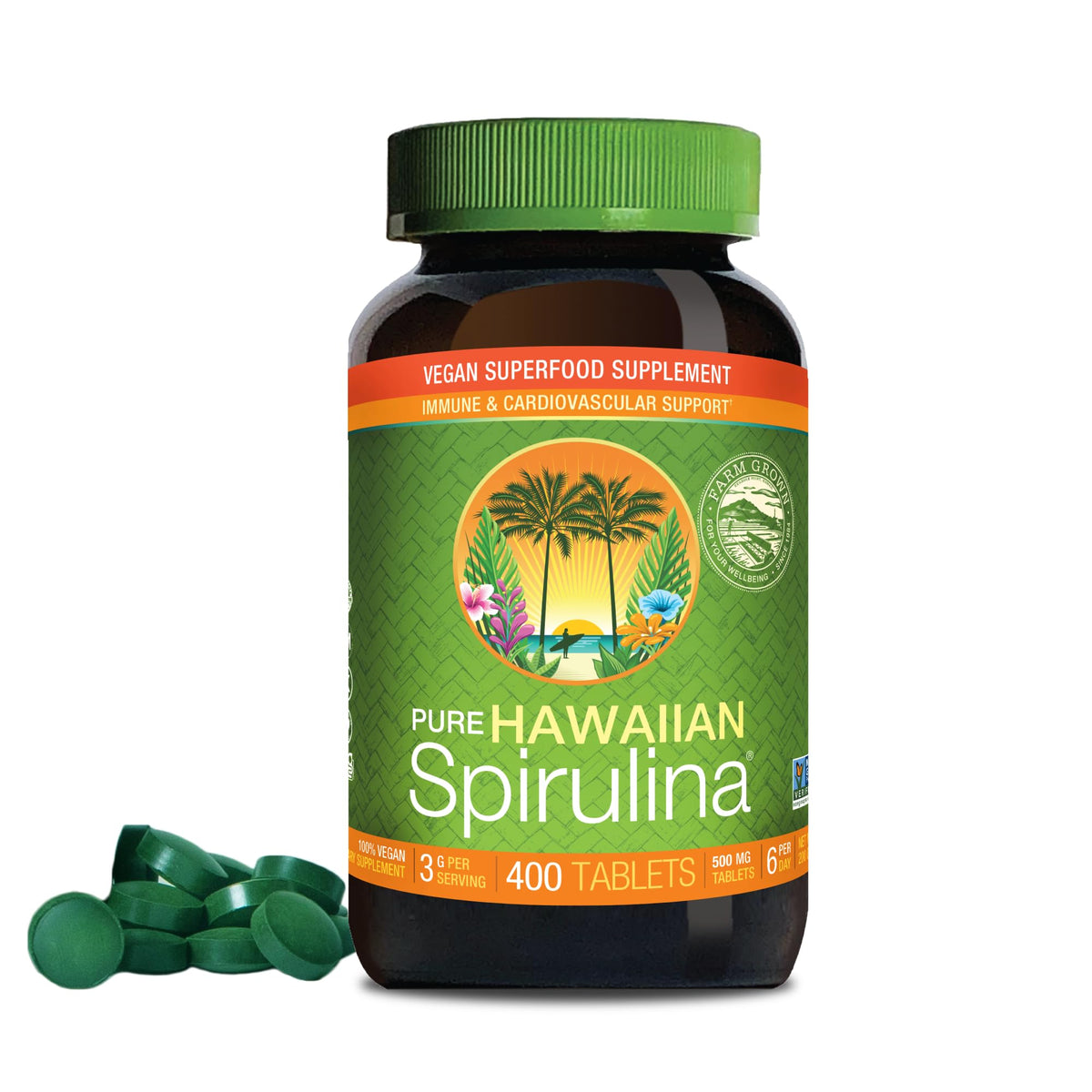 Nutrex Hawaii Pure Spirulina bottle front highlighting Kona-grown, non-GMO tablets for daily immune support.