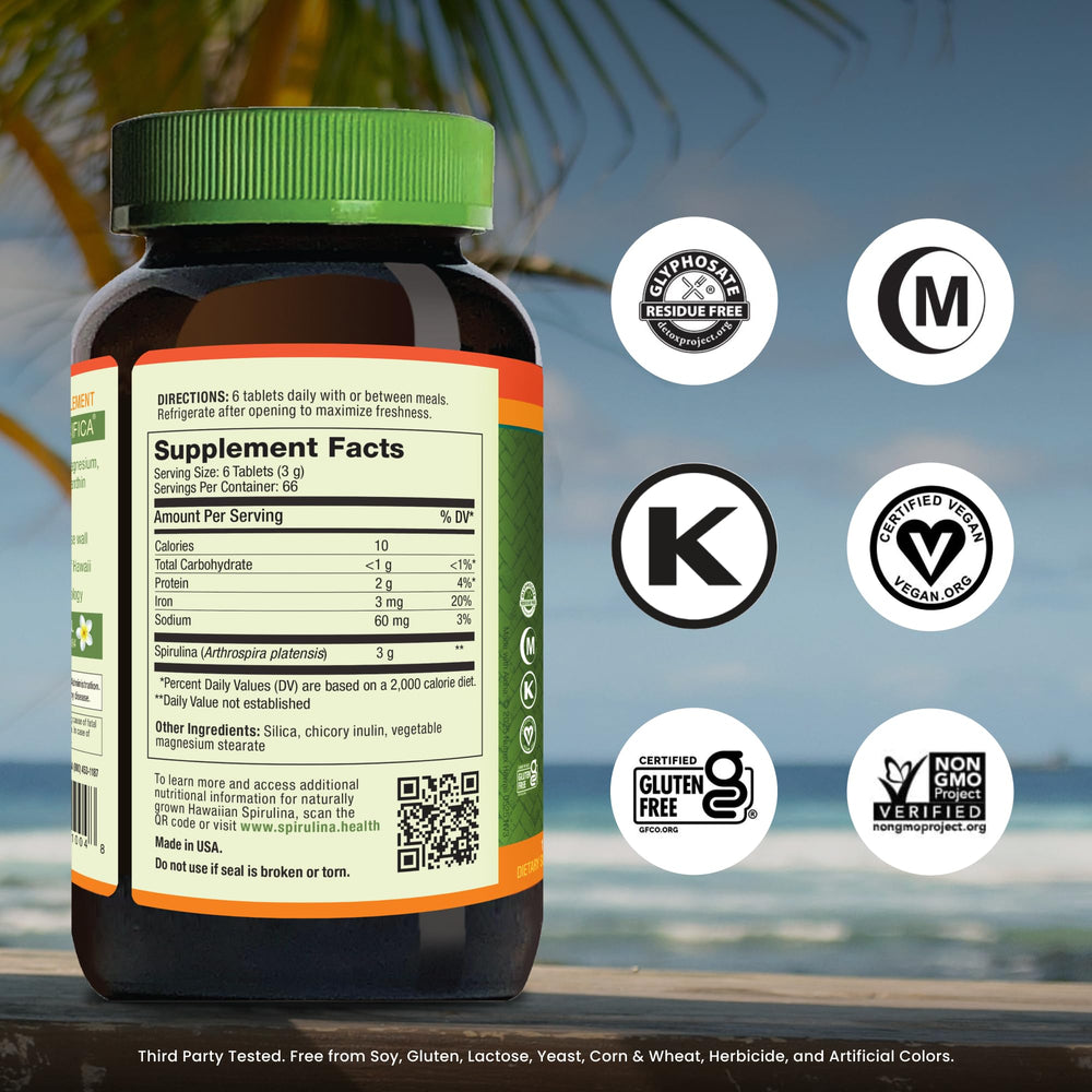 Nutrex Hawaii Pure Spirulina bottle label close-up showing lava-filtered water origin and purity.