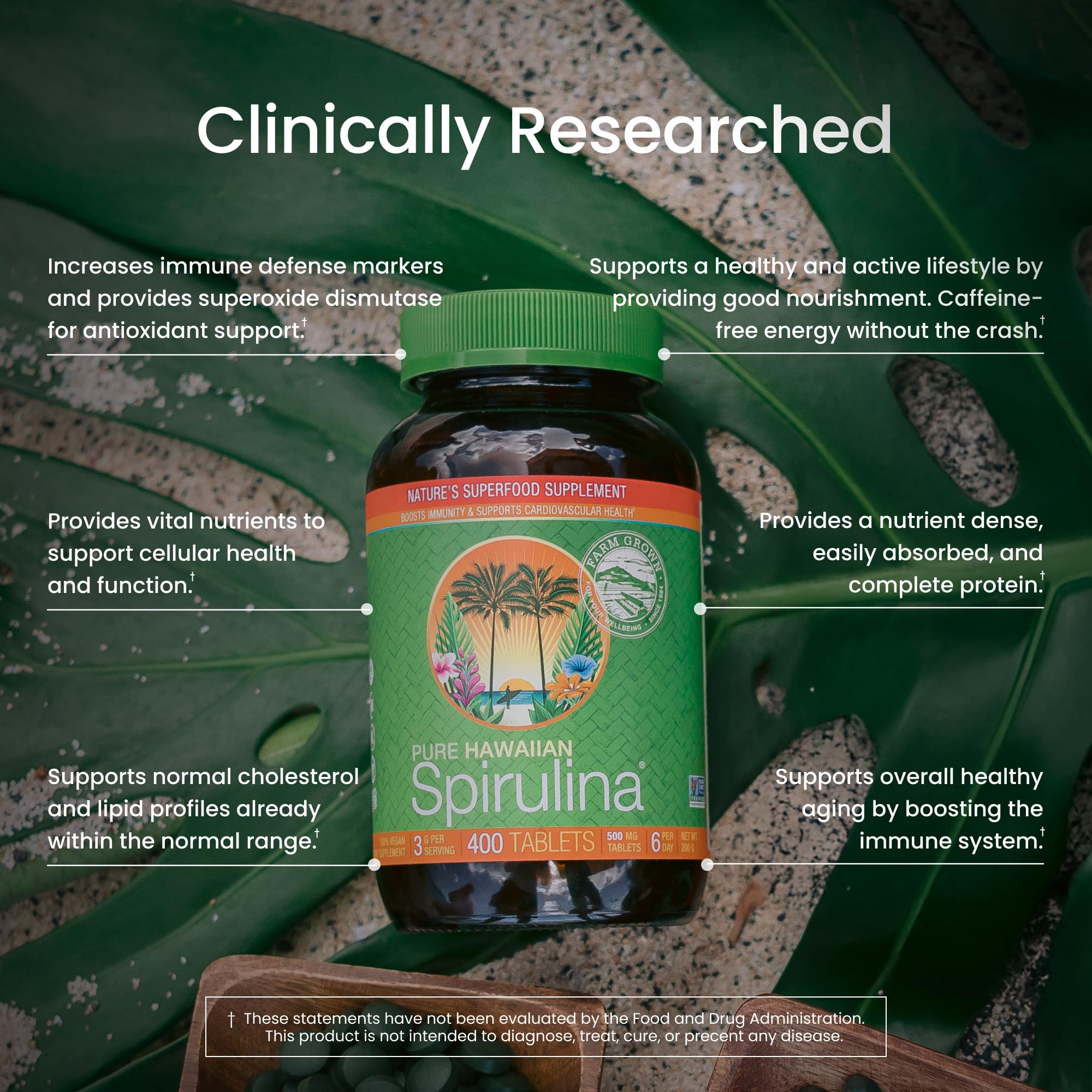 Nutrex Hawaii Pure Spirulina Kona farm-grown display signaling sustainable, U.S.-grown production.
