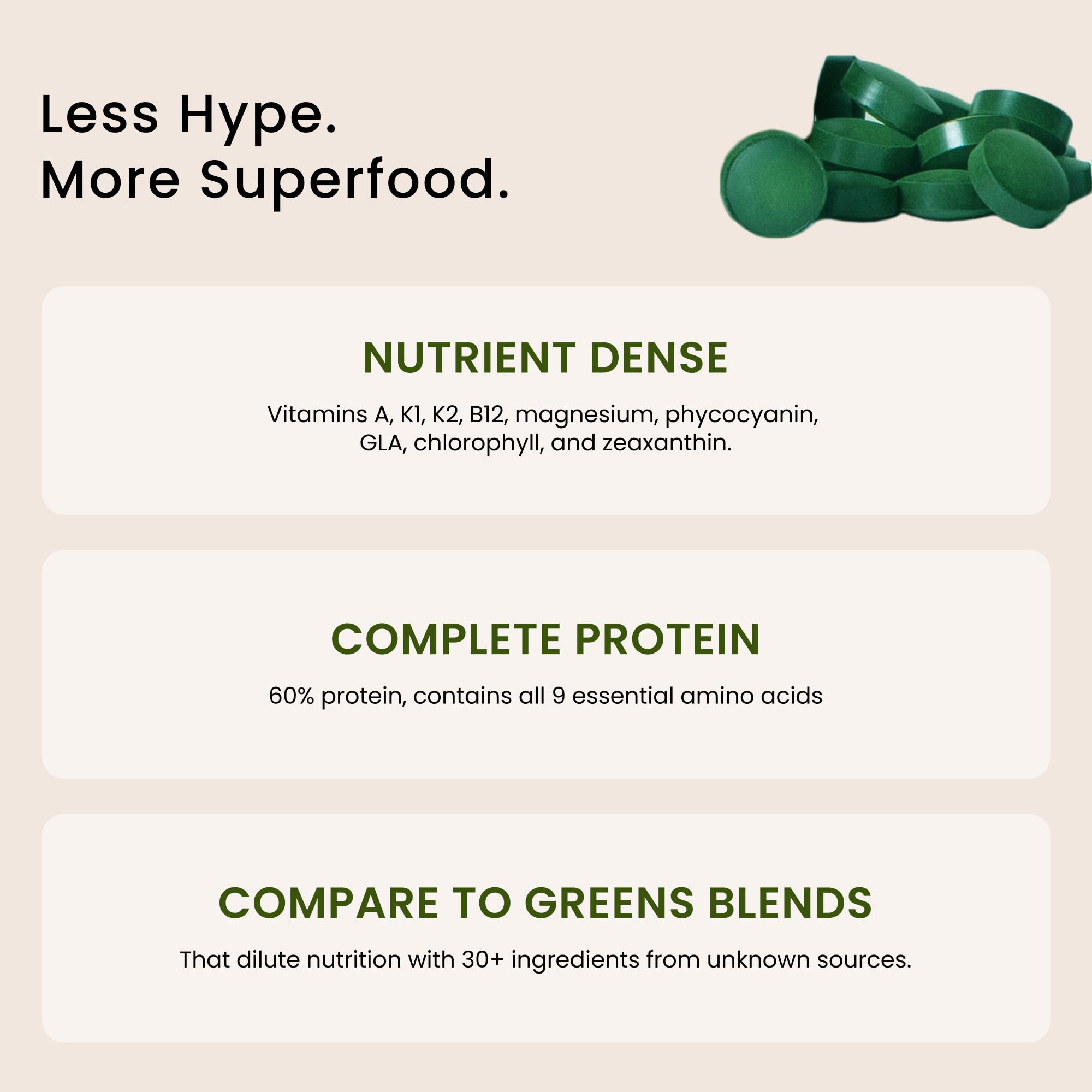 Nutrex Hawaii Pure Spirulina tablets close-up emphasizing 500 mg servings for easy daily use.