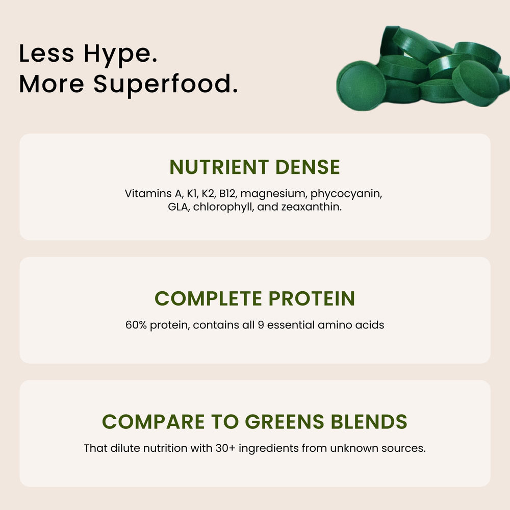 Nutrex Hawaii Pure Spirulina tablets close-up emphasizing 500 mg servings for easy daily use.