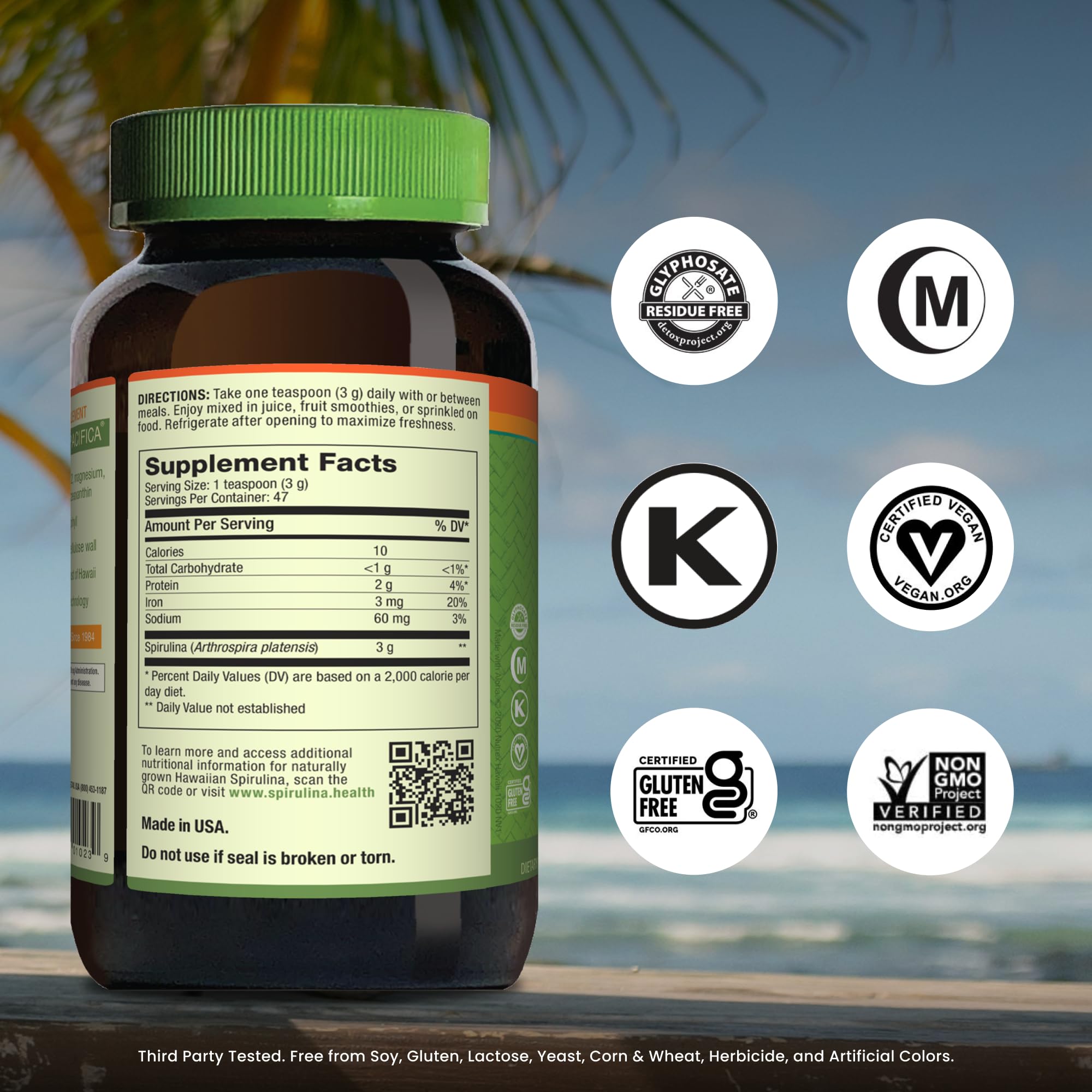 Nutrex Hawaii spirulina powder being poured for easy daily mixing.