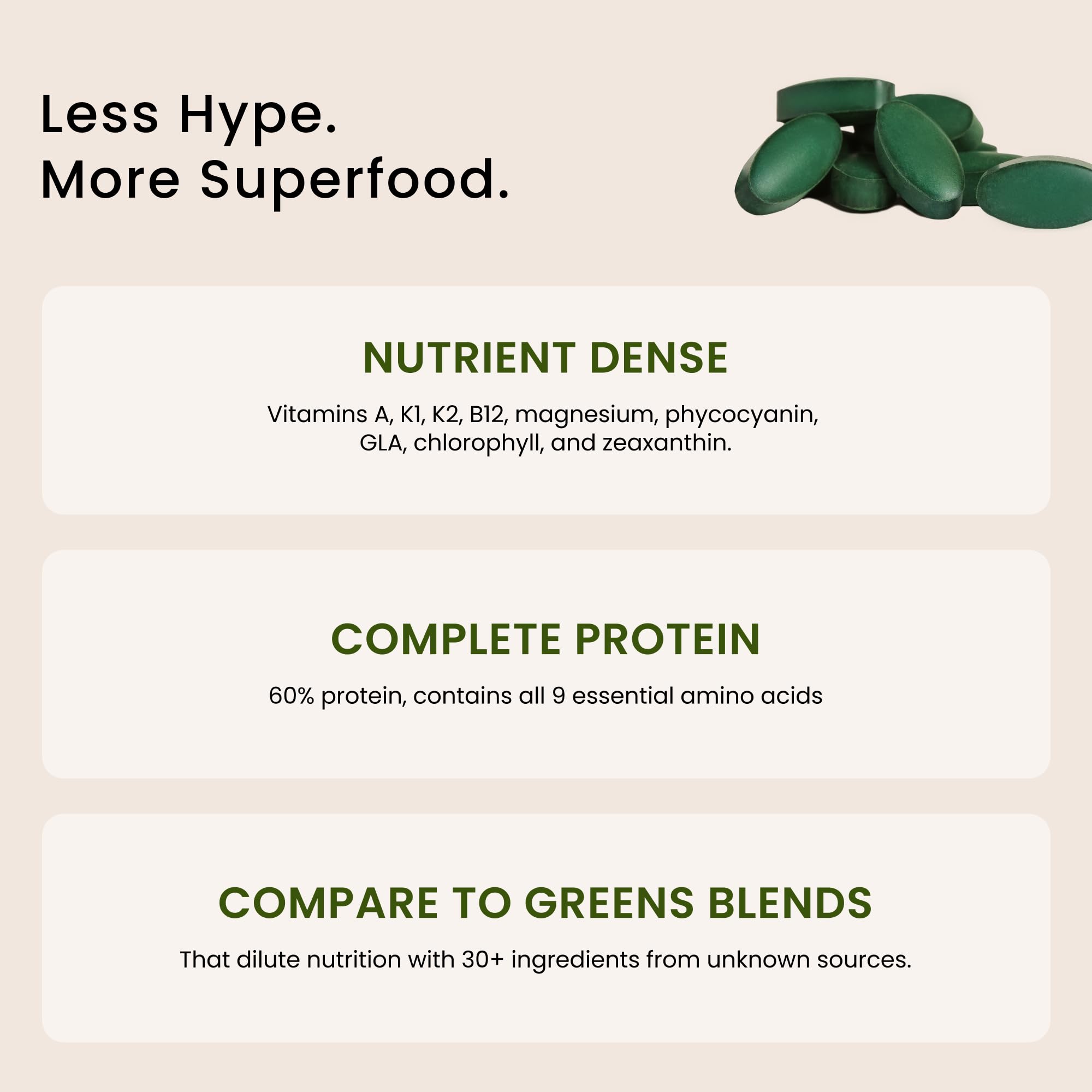 Nutrex Hawaii spirulina tablets close-up emphasizes protein-rich nutrition